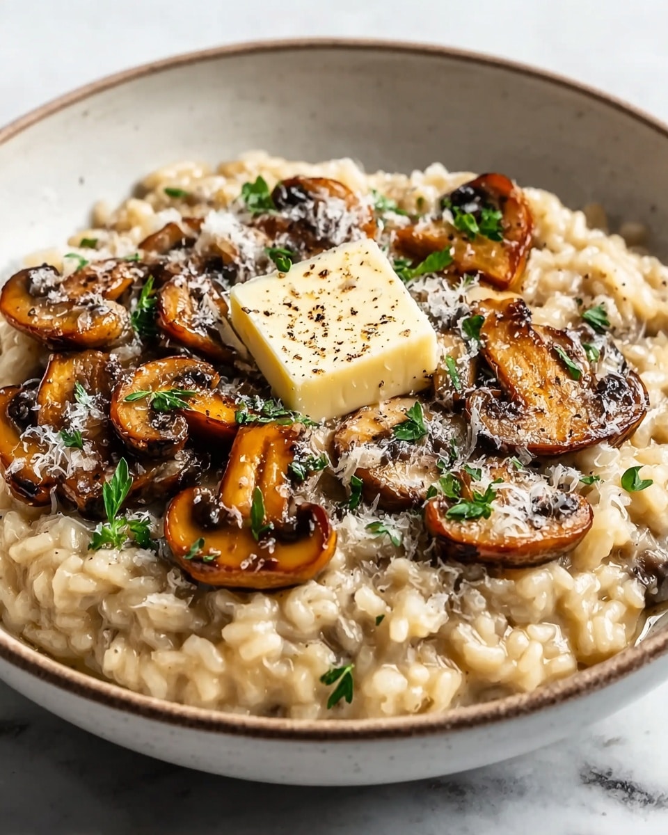 Large white serving bowl filled with creamy mushroom risotto, topped with whole sautéed mushroom caps, a pat of melting butter sprinkled with freshly ground black pepper, finely grated parmesan cheese, and garnished with chopped fresh parsley, photographed with natural lighting on a white marble countertop from a 3/4 angle, styled like a hero shot from a food magazine, whole dish in frame, photo taken with an iphone --ar 4:5 --v 7