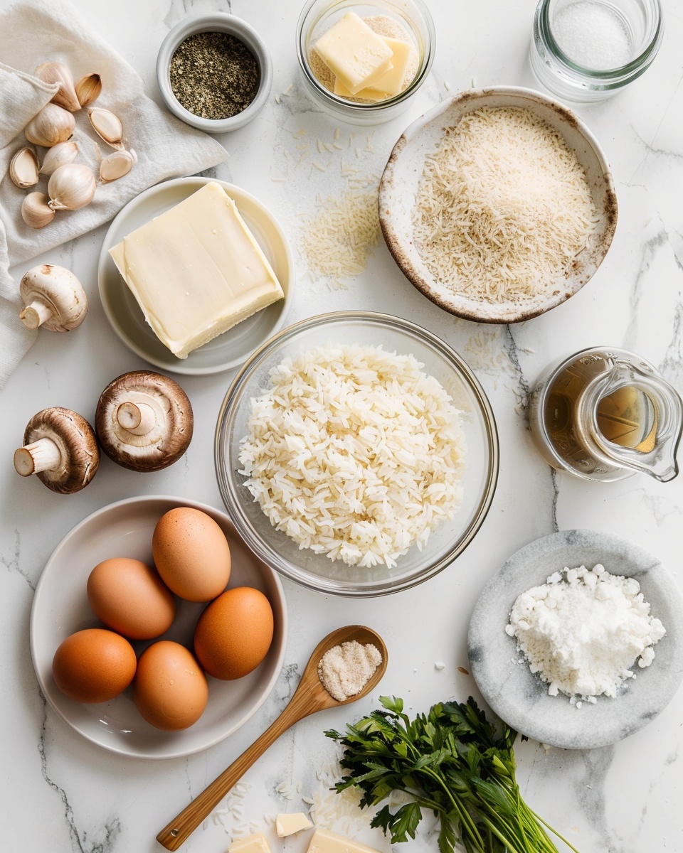 Single white shallow bowl with a creamy serving of mushroom risotto topped with sautéed golden-brown mushroom slices, a square of melting butter sprinkled with freshly cracked pepper, and finely grated Parmesan cheese scattered across, garnished with small bright green parsley leaves, close-up angled shot highlighting the tender rice grains absorbing the rich sauce, resting on a white marble surface under natural light, styled in an intimate food blog presentation photo taken with an iphone --ar 4:5 --v 7