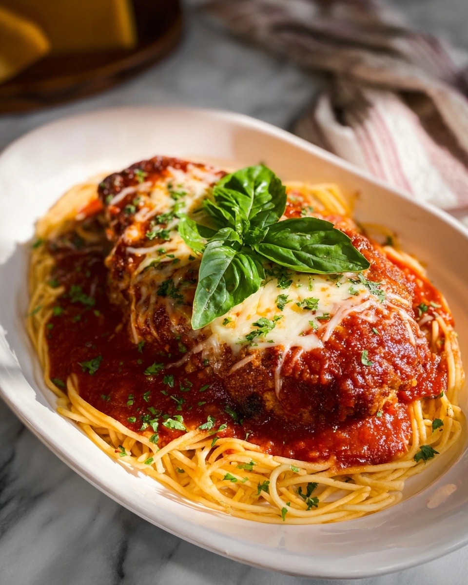 Large white shallow bowl filled with a full serving of classic chicken parmesan over a nest of perfectly cooked spaghetti, topped with rich tomato sauce, melted mozzarella and parmesan cheese, garnished with fresh basil leaves and chopped parsley, whole dish photographed from a professional 3/4 angle view on a white marble countertop with natural lighting, styled like a hero shot from a food magazine photo taken with an iphone --ar 4:5 --v 7