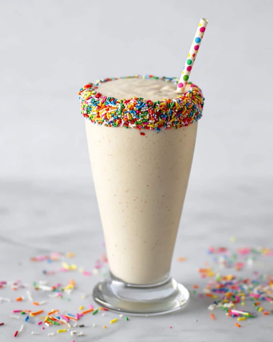 Tall white milkshake glass filled with a rich and creamy vanilla milkshake, topped with colorful rainbow sprinkles around the rim, with a brightly polka-dotted straw inserted, all presented against a pristine white marble countertop background, natural lighting highlighting the smooth texture, professional food styling photo taken with an iphone --ar 4:5 --v 7