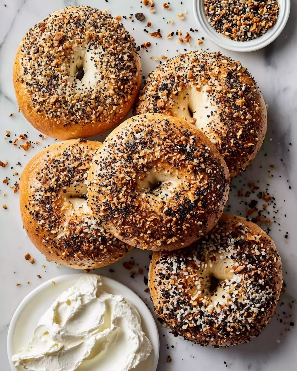 Four whole white sesame and everything bagels with a golden-brown crust, generously coated in a mix of sesame seeds, poppy seeds, dried onion flakes, and garlic bits, arranged together on a white surface with scattered seeds around for texture. Next to the bagels is a small white plate piled with thick, creamy, smooth cream cheese spread, showcasing the bagels' classic pairing. The entire set is captured in a professional 3/4 angle shot on a white marble countertop with natural lighting emphasizing the rustic and inviting texture of the bagels. Photo taken with an iphone --ar 4:5 --v 7