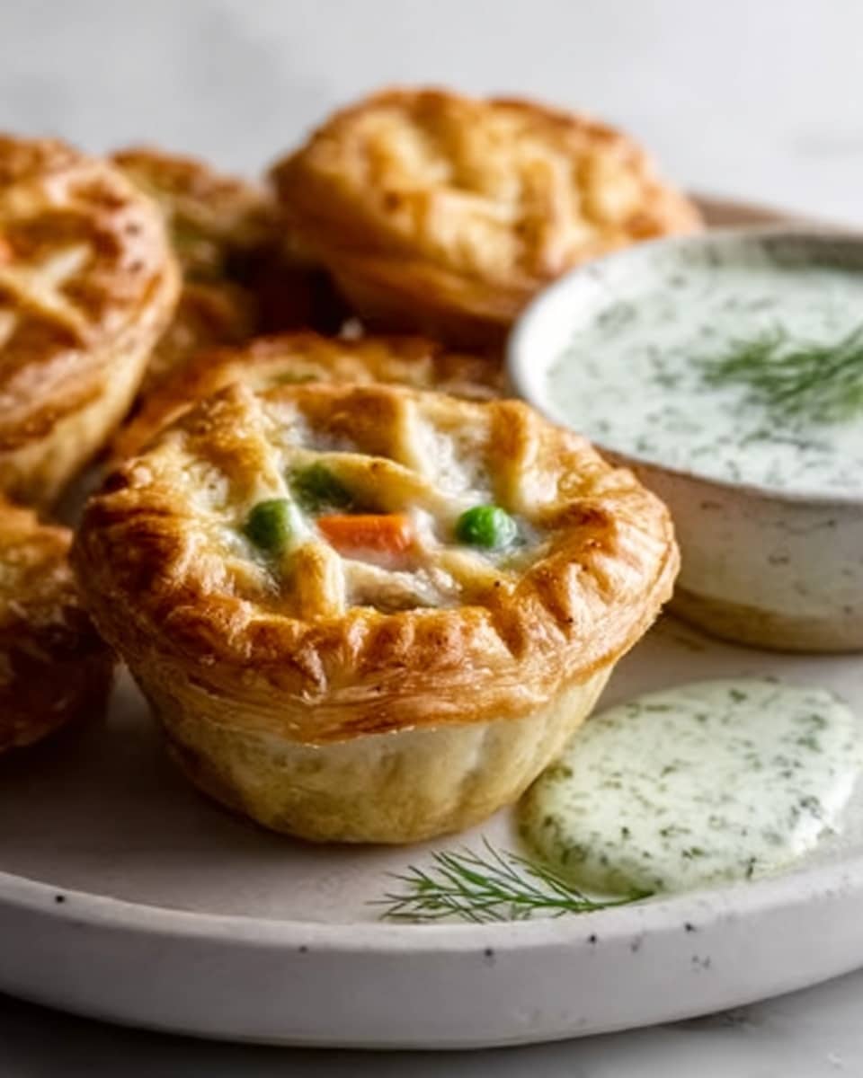 Large white round plate showcasing an entire arrangement of golden-brown mini pot pies with a beautifully lattice-crusted top, each pie perfectly baked to a shiny, flaky finish, accompanied by a small white bowl filled with creamy herb dip on the side, set on a white marble countertop under natural lighting, captured in a professional 3/4 angle hero shot from a food magazine, photo taken with an iphone --ar 4:5 --v 7
