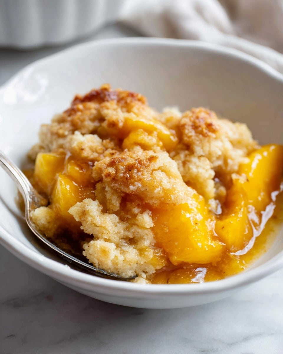 Large rectangular clear glass baking dish filled with a whole baked peach cobbler, showing a golden, bubbling crust perfectly covering the tender peach filling beneath, with some juicy peach slices peeking through, photographed at a 3/4 angle on a white marble background under soft natural lighting, professional food magazine hero shot, photo taken with an iphone --ar 4:5 --v 7