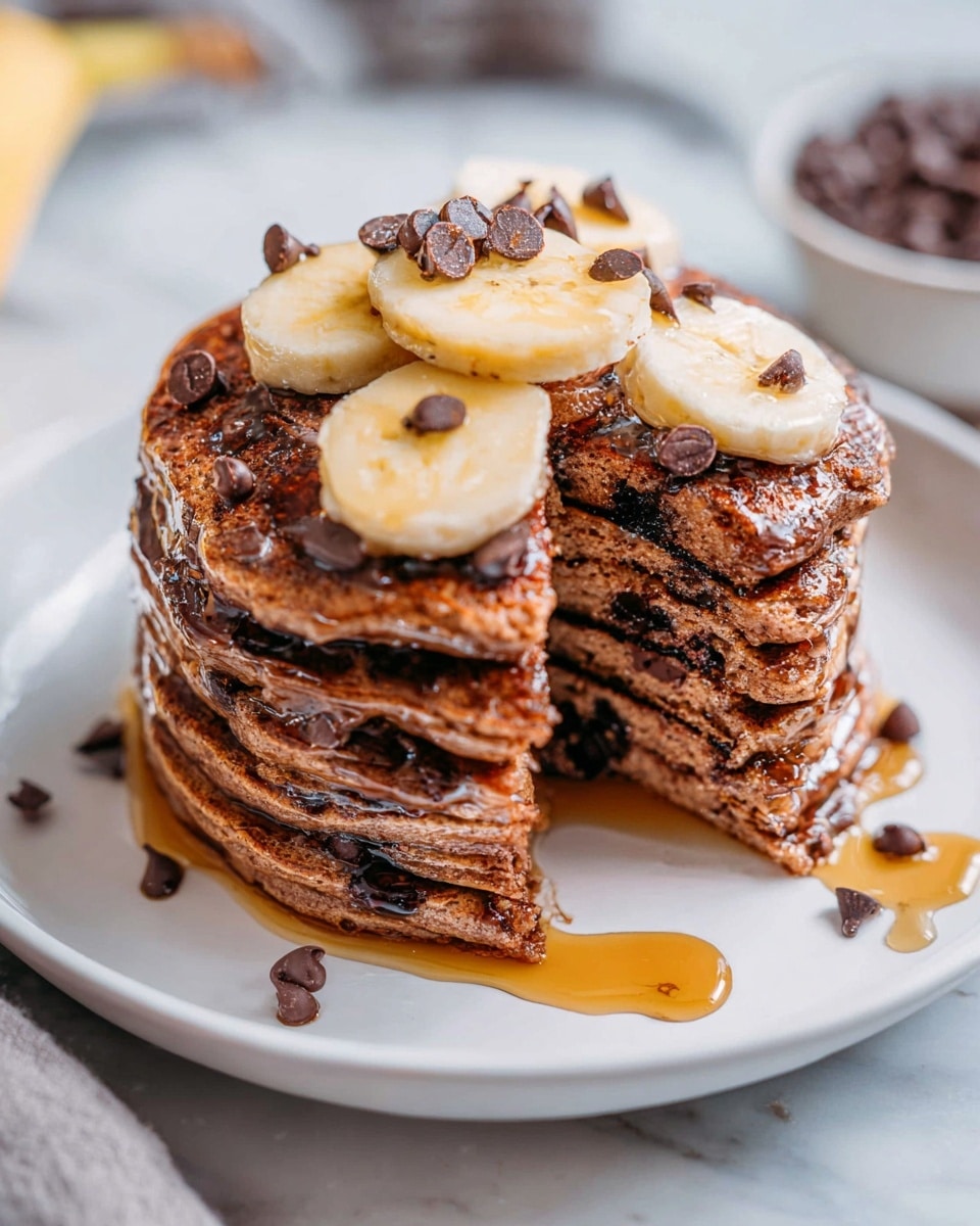 Tall stack of whole chocolate chip pancakes piled high on a large white plate, topped with fresh banana slices and drizzled with golden maple syrup cascading down the sides, scattered chocolate chips adorning the surface and base, photographed at a 3/4 angle on a white marble countertop with natural lighting, styled as a striking hero shot from a food magazine, whole dish in full view, photo taken with an iphone --ar 4:5 --v 7