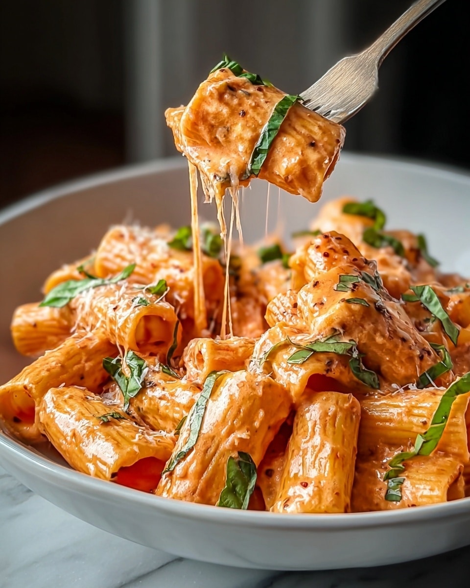 Large white bowl filled with a generous serving of creamy, cheesy ravioli pasta, fully coated in a rich tomato-cream sauce flecked with herbs and finely chopped sun-dried tomatoes, topped with fresh chopped basil leaves, photographed from a 3/4 angle on a white marble countertop under soft natural lighting, professional food magazine hero shot, whole dish in frame, photo taken with an iphone --ar 4:5 --v 7