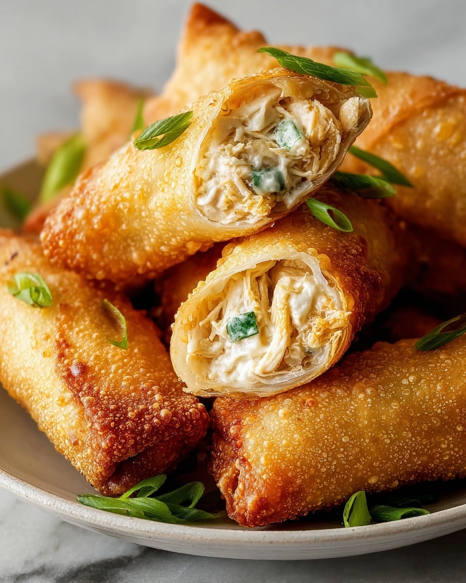 A large white serving platter piled high with golden brown, crispy fried egg rolls, each perfectly wrapped and textured with bubbly, crunchy skin, garnished generously with vibrant green chopped scallions scattered on top and around, photographed from a dynamic 3/4 angle showcasing the entire heaping dish on a pristine white marble countertop, bathed in natural light for a professional food magazine hero shot, photo taken with an iphone --ar 4:5 --v 7