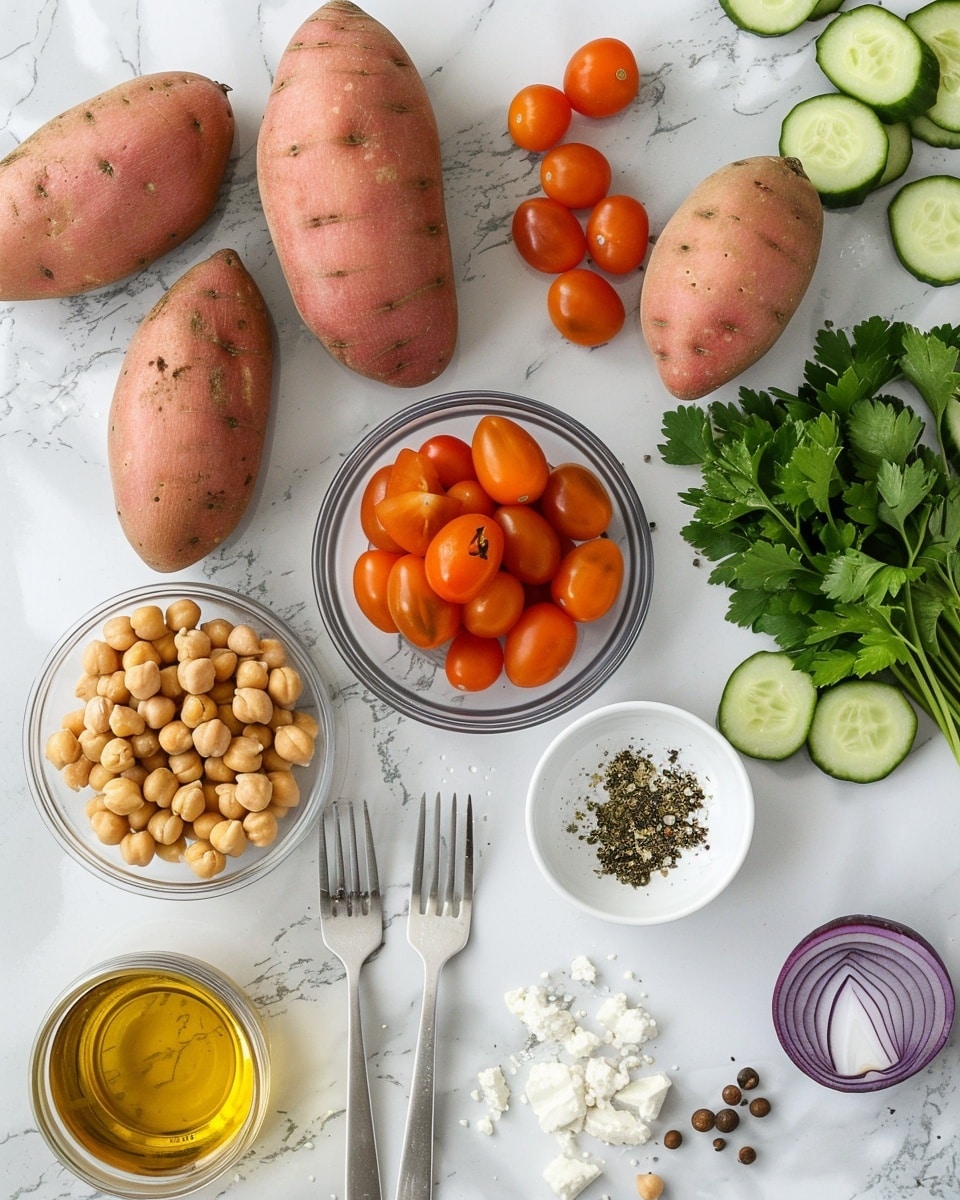 Single white plate showcasing one half of a baked sweet potato topped generously with a colorful Mediterranean chickpea salad featuring plump chickpeas, vibrant yellow and red cherry tomato halves, sliced cucumber, kalamata olives, thin rings of red onion, and scattered crumbles of creamy white feta cheese, sprinkled with fresh chopped parsley and a drizzle of olive oil, angled close-up shot emphasizing the soft, tender interior of the sweet potato with its warm orange flesh contrasting the fresh salad, all set on a white marble surface under natural lighting, styled like a food blog individual serving, photo taken with an iphone --ar 4:5 --v 7