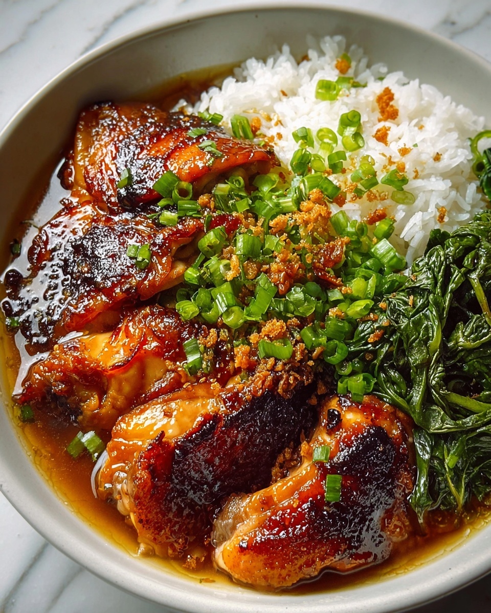 Large white bowl filled with a generous portion of glazed, roasted chicken thighs with crispy, caramelized skin, arranged alongside fluffy steamed white rice and vibrant green leafy vegetables, all nestled in a richly flavored broth, garnished with finely chopped fresh scallions and crunchy bits of garlic, capturing the whole dish at a professional 3/4 angle shot on a white marble surface with natural lighting, food magazine hero shot photo taken with an iphone --ar 4:5 --v 7