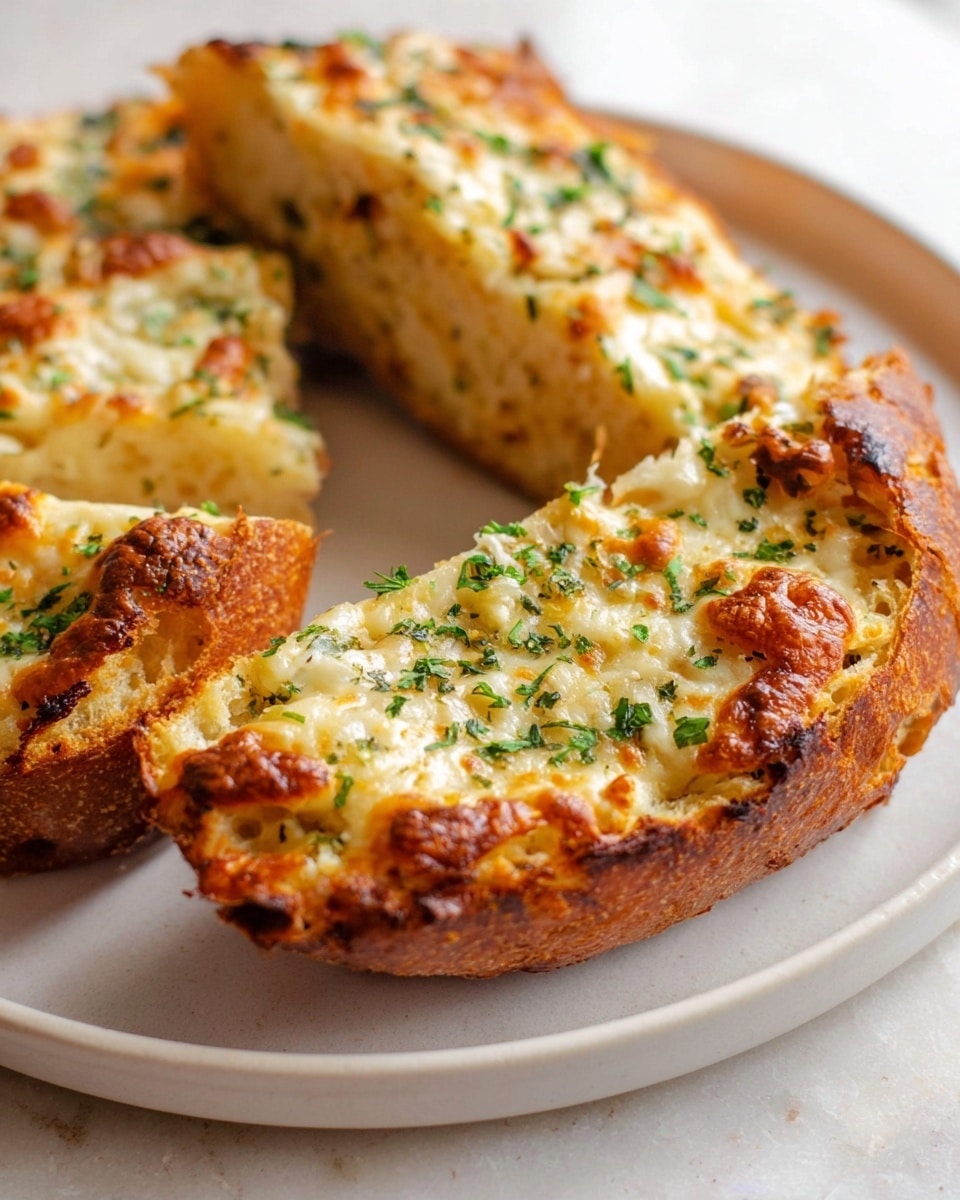 Large oval white plate displaying a whole garlic bread loaf generously topped with melted golden cheese, finely chopped herbs, and bits of roasted garlic, the entire loaf showcasing crispy toasted edges and a bubbly, slightly browned cheese crust, arranged on a white marble surface with natural lighting, professional overhead food magazine style photo taken with an iphone --ar 4:5 --v 7