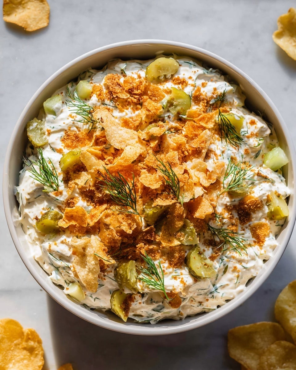 Large white bowl filled with a creamy, textured cheese and pickle dip generously topped with finely crushed chips, small diced pickles, and fresh dill sprigs, accompanied by an array of golden, ridged potato chips scattered elegantly around the bowl on a white marble countertop, natural light highlighting the freshness and vibrant colors of the ingredients, professional food magazine style hero shot, photo taken with an iphone --ar 4:5 --v 7