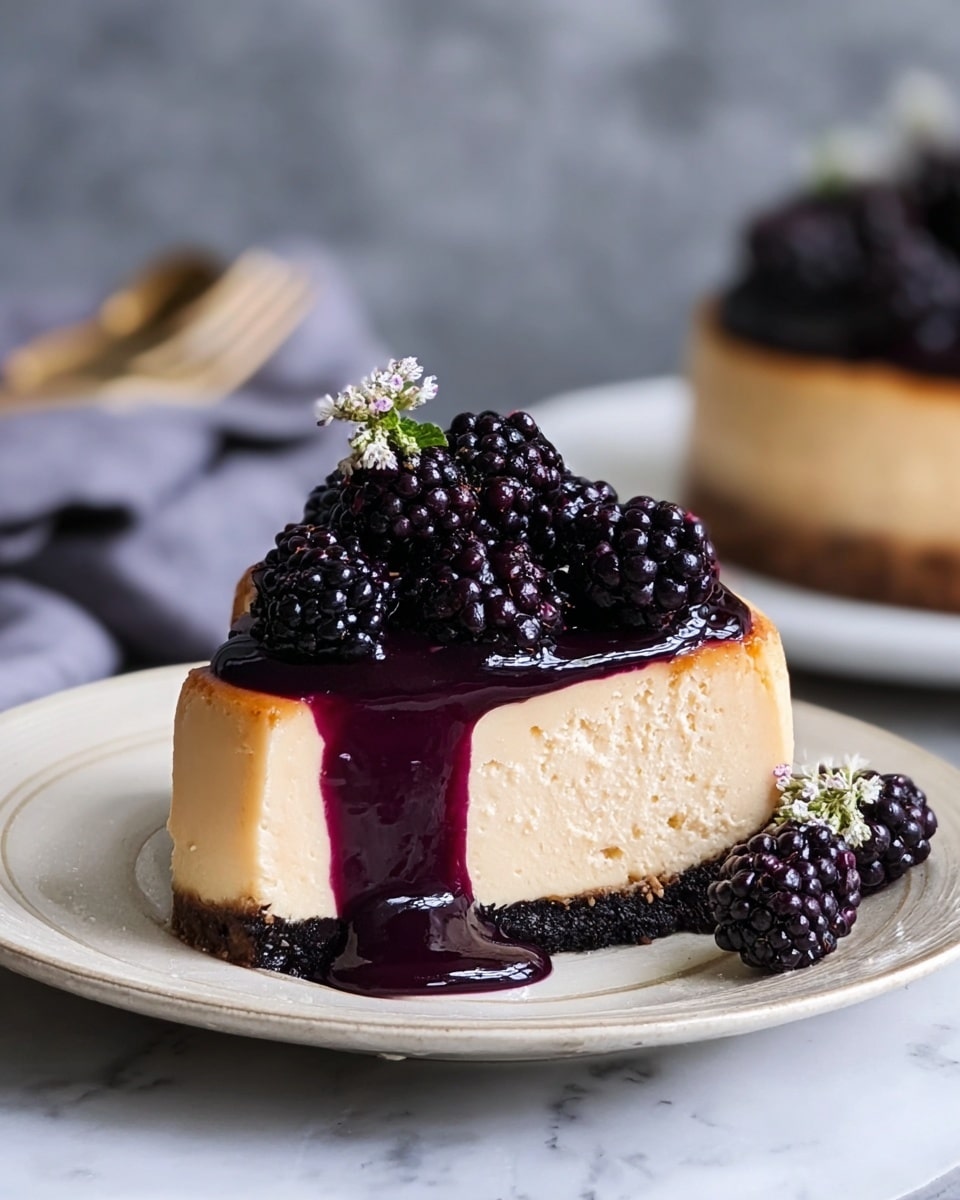 Whole round cheesecake on a white plate, topped with a glossy dark berry glaze and fresh whole blackberries arranged beautifully on top, showing the smooth creamy texture of the complete cake, no slices removed, set against a white marble background with natural lighting, professional food magazine style hero shot, photo taken with an iphone --ar 4:5 --v 7