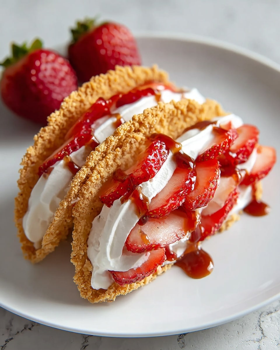 White rectangular platter with three fully assembled mini taco shells, each filled with a layer of savory ground meat, topped with a generous portion of creamy sour cream, fresh diced red tomatoes, and bright red strawberry salsa, drizzled evenly with white crema sauce, garnished with finely chopped herbs, photographed from a 3/4 angle on a white marble countertop with natural lighting, professional food styling photo taken with an iphone --ar 4:5 --v 7