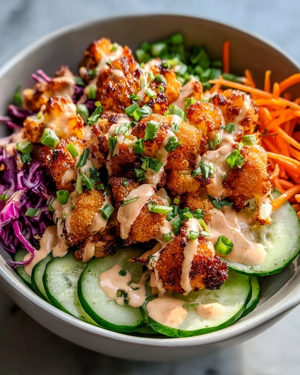 Large white serving bowl filled with a vibrant cauliflower rice bowl featuring an abundant pile of crispy fried cauliflower bites drizzled with a creamy, spicy sauce, surrounded by fresh slices of cucumber, shredded purple cabbage, grated carrots, and chopped green onions, all arranged beautifully over a generous bed of finely shredded greens. The whole dish is captured in a professional 3/4 angle shot on a white marble countertop with natural lighting, styled like a hero food magazine photo taken with an iphone --ar 4:5 --v 7