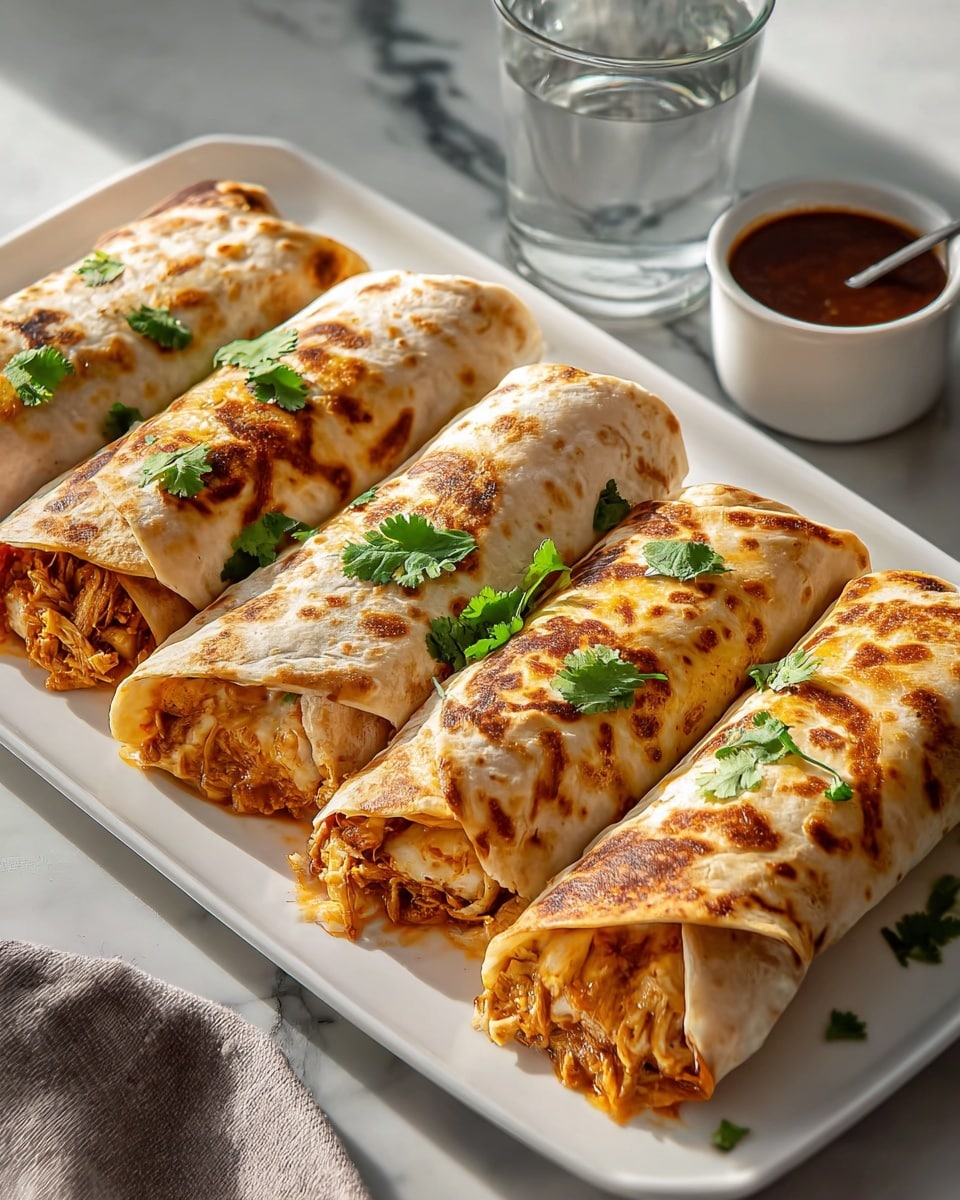 Large white rectangular platter arranged with a full set of freshly grilled burritos tightly wrapped in golden-browned flour tortillas, garnished with sprigs of fresh cilantro, showcasing the entire dish with each burrito plump with savory, spiced filling of shredded chicken and beans, accompanied by a small white bowl of rich dipping sauce and a clear glass of water, set on a white marble countertop with natural lighting, professional food styling, hero food magazine shot photo taken with an iphone --ar 4:5 --v 7