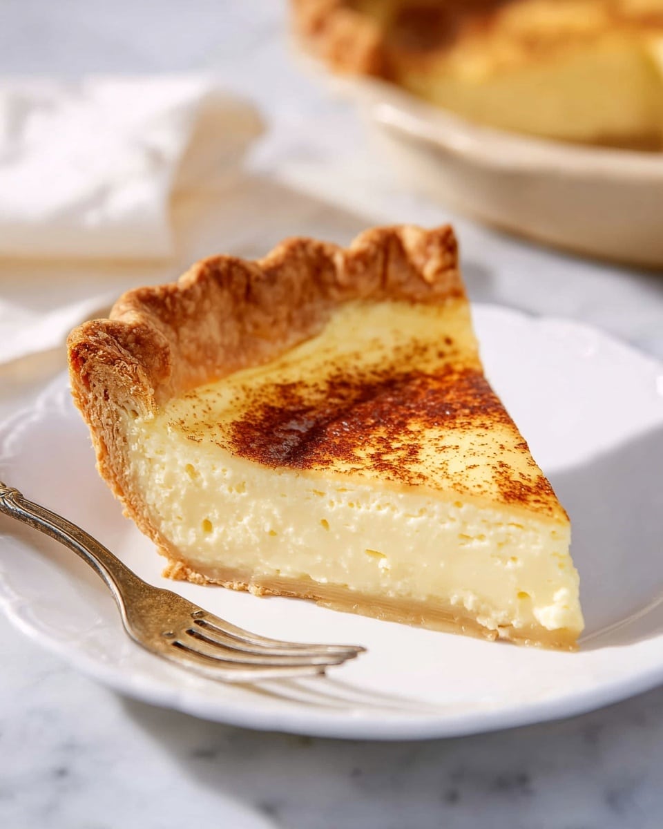 Whole classic custard pie with perfectly golden, flaky, crimped crust, filled with creamy, smooth custard topped with a light dusting of cinnamon, presented in a white ceramic pie dish, placed on a soft white textured towel on a white marble countertop under natural lighting, professional food styling shot from a 3/4 angle showing the entire pie --ar 4:5 --v 7