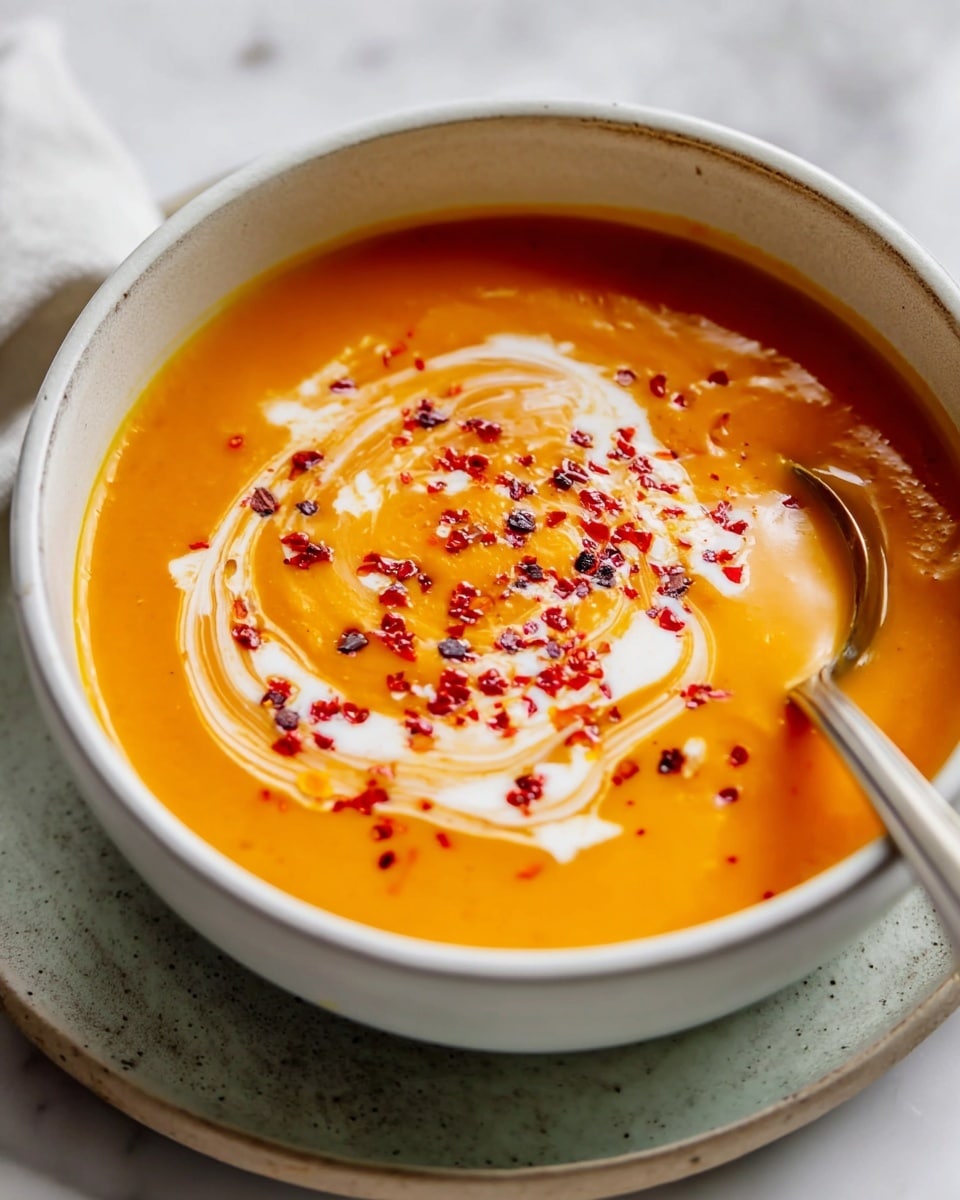 Large white bowl filled with creamy orange pumpkin soup topped with a generous swirl of white cream, sprinkled with vibrant red paprika and fresh green herbs, accompanied by multiple similar white bowls arranged together on a white marble countertop, captured in natural lighting from a 3/4 angle, professional food magazine hero shot, photo taken with an iphone --ar 4:5 --v 7
