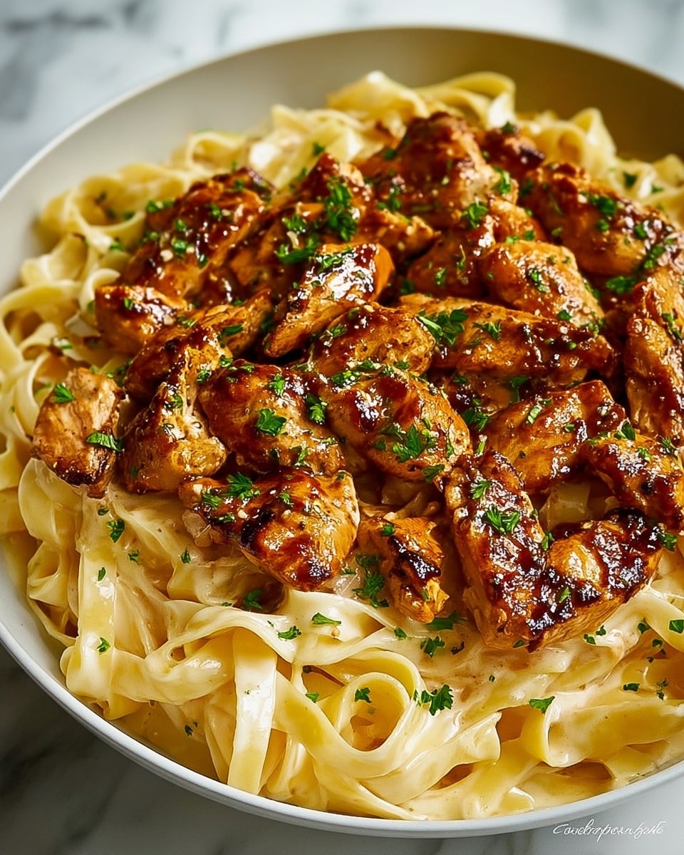 Large white serving bowl filled with creamy fettuccine pasta topped evenly with glistening pieces of well-seasoned, browned chicken, garnished with fresh chopped parsley, whole dish photographed from a professional 3/4 angle on white marble countertop with natural lighting, styled as a hero shot from a food magazine, photo taken with an iphone --ar 4:5 --v 7