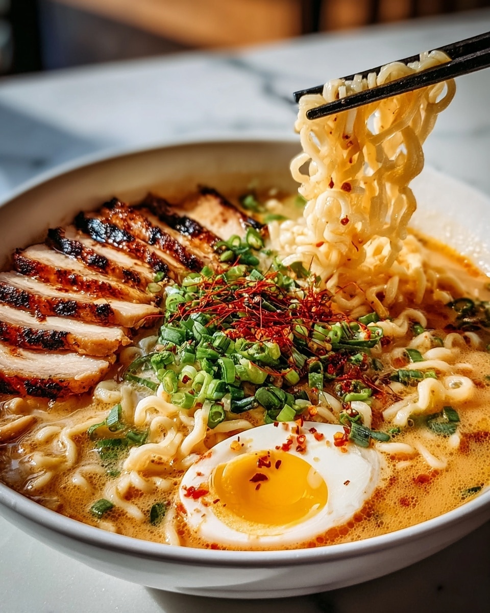 Large white bowl filled with an entire serving of rich and creamy ramen soup, showcasing thick wavy noodles submerged in flavorful broth, topped with multiple slices of tender grilled chicken, halved soft-boiled eggs with vibrant orange yolks, generous heaps of fresh chopped green onions, and vibrant red chili flakes scattered around. The whole bowl is displayed at a 3/4 angle on a white marble countertop under natural light, styled as a hero shot from a food magazine, photo taken with an iphone --ar 4:5 --v 7