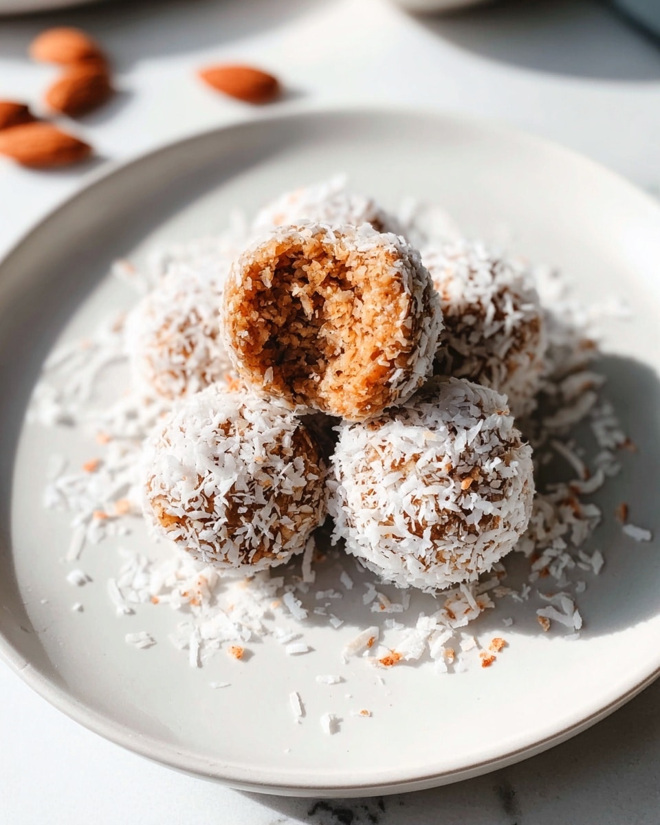 A large white rectangular baking tray lined with parchment paper, filled with an array of round, coconut-coated energy balls, each generously covered in shredded coconut flakes, scattered with whole walnut halves, alongside a small white bowl filled with extra shredded coconut, the whole setup photographed from a professional 3/4 angle on a white marble countertop with natural light, showcasing an inviting and wholesome presentation of the complete dish, photo taken with an iphone --ar 4:5 --v 7