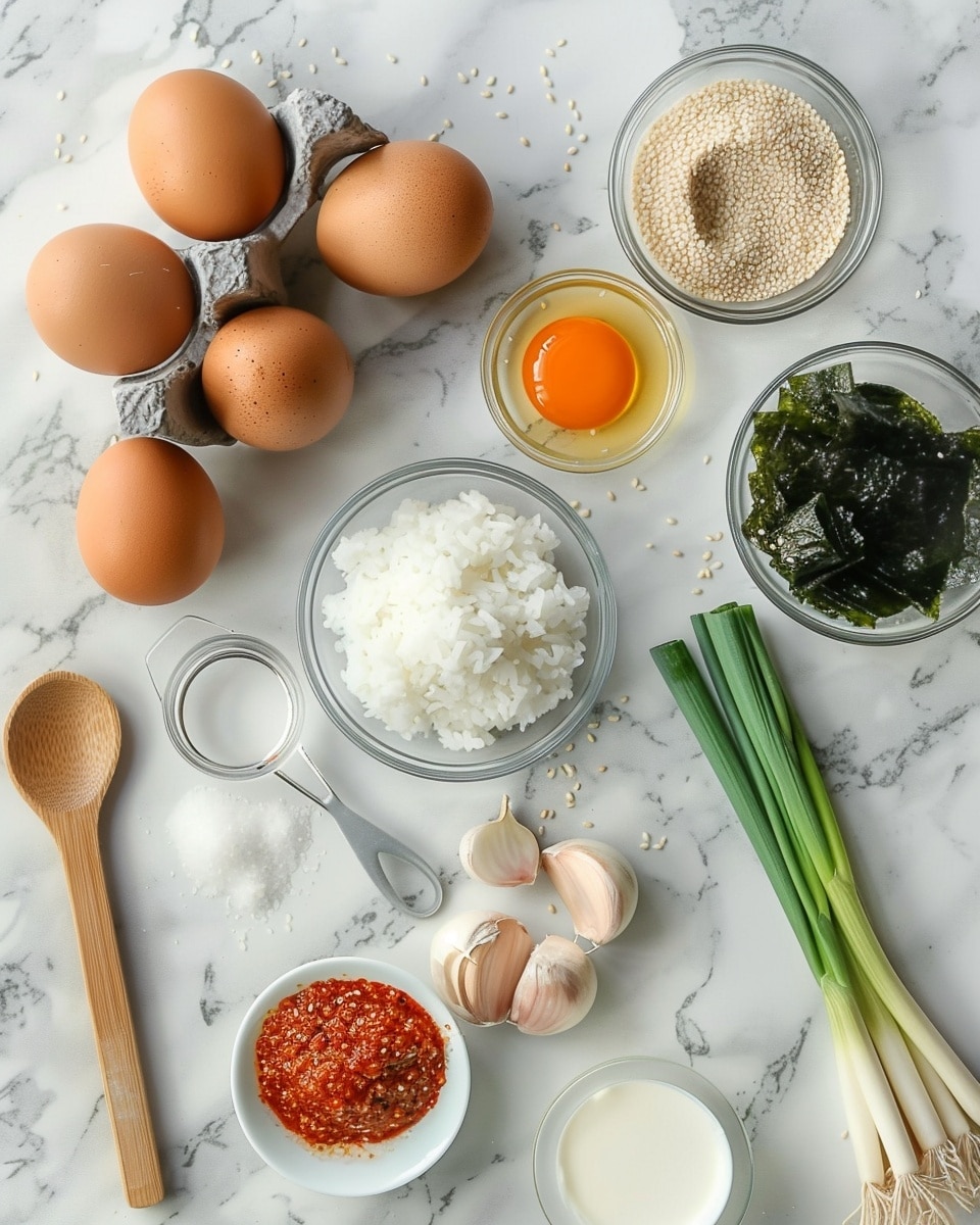Single white bowl showcasing a plated serving of steamed rice topped with a perfectly cooked sunny-side-up egg, the golden yolk glistening with sesame seeds sprinkled on top, vibrant chopped green onions scattered around, and a drizzle of savory sauce visible beneath the egg, intimate close-up view revealing the glossy textures of the sauce and fluffy grains of rice, set on a white marble background with natural lighting, styled like a food blog photo taken with an iphone --ar 4:5 --v 7