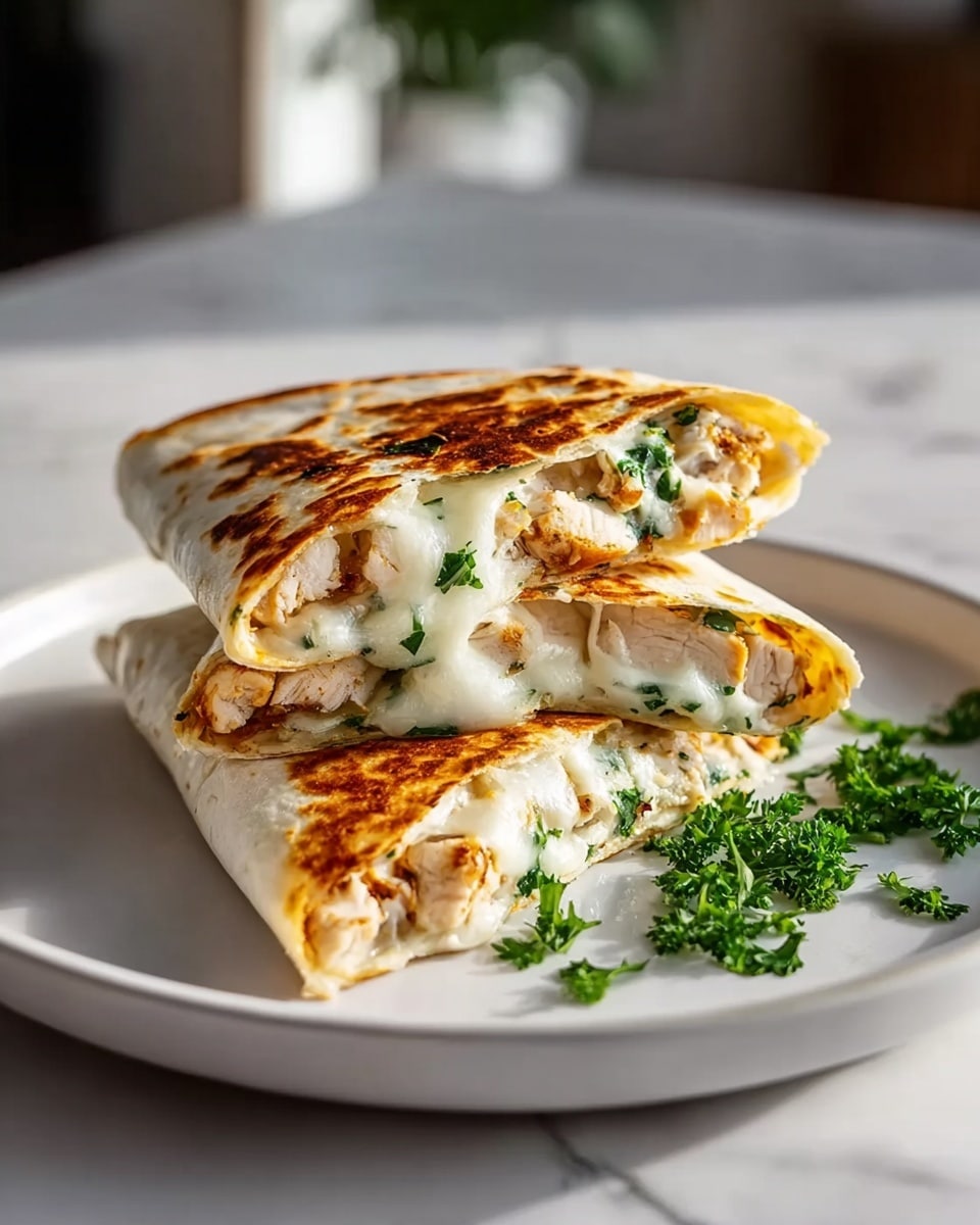 A large white plate beautifully arranged with three whole, golden-brown grilled chicken wraps, each filled generously with tender pieces of seasoned chicken, melted creamy cheese, fresh herbs, and diced vegetables visible through the slightly toasted tortillas, garnished with sprinkled chopped parsley on the plate, presented on a white marble countertop with natural lighting, professional food magazine hero shot, photo taken with an iphone --ar 4:5 --v 7