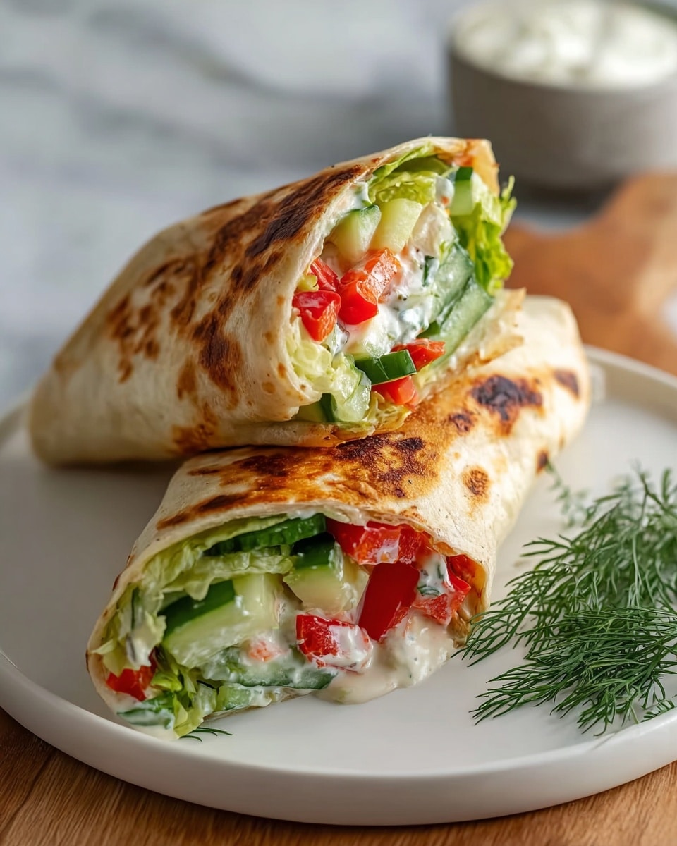 Large white plate displaying a full serving of two golden toasted wraps filled with fresh green lettuce, thick cucumber slices, crisp red bell peppers, and a creamy herb-infused yogurt sauce, arranged neatly with sprigs of fresh dill on a pristine white marble countertop, natural lighting highlighting the textures in a professional food magazine style hero shot, photo taken with an iphone --ar 4:5 --v 7