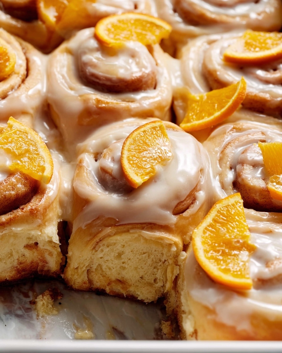 Large white rectangular baking pan filled with freshly baked orange-glazed cinnamon rolls, each roll generously coated with creamy icing and topped with vibrant orange slices, the rolls arranged close together showcasing their soft, fluffy texture and glossy glaze, photographed from a 3/4 angle on a white marble countertop with natural lighting, professional food magazine hero shot, photo taken with an iphone --ar 4:5 --v 7