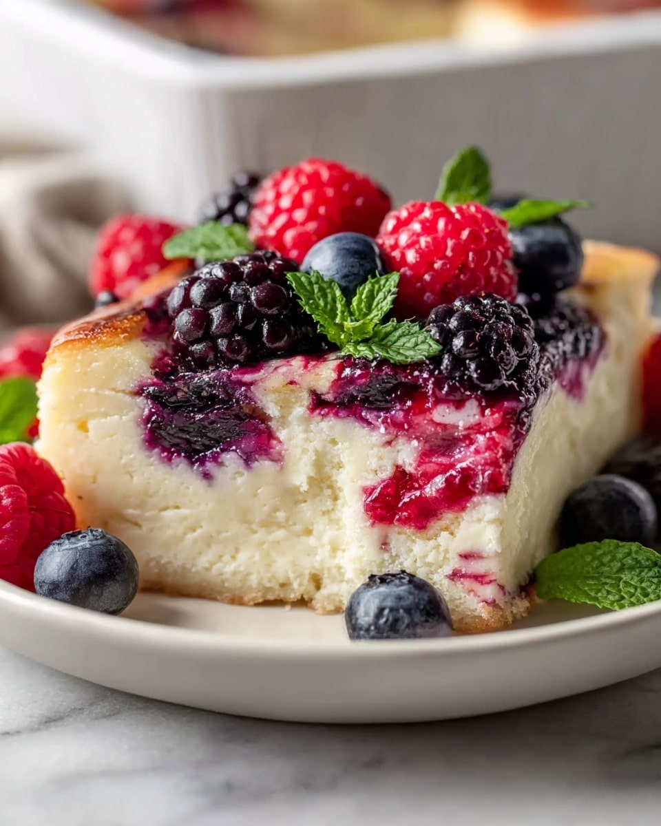 Large white rectangular baking dish filled with a vibrant mixed berry casserole, showcasing a fluffy, golden-brown baked custard base studded generously with whole blueberries, raspberries, and blackberries. The top is lightly browned and scattered with fresh berries and green herb leaves for garnish, photographed from a 3/4 angle on a white marble countertop with natural lighting, professional food magazine hero shot photo taken with an iphone --ar 4:5 --v 7