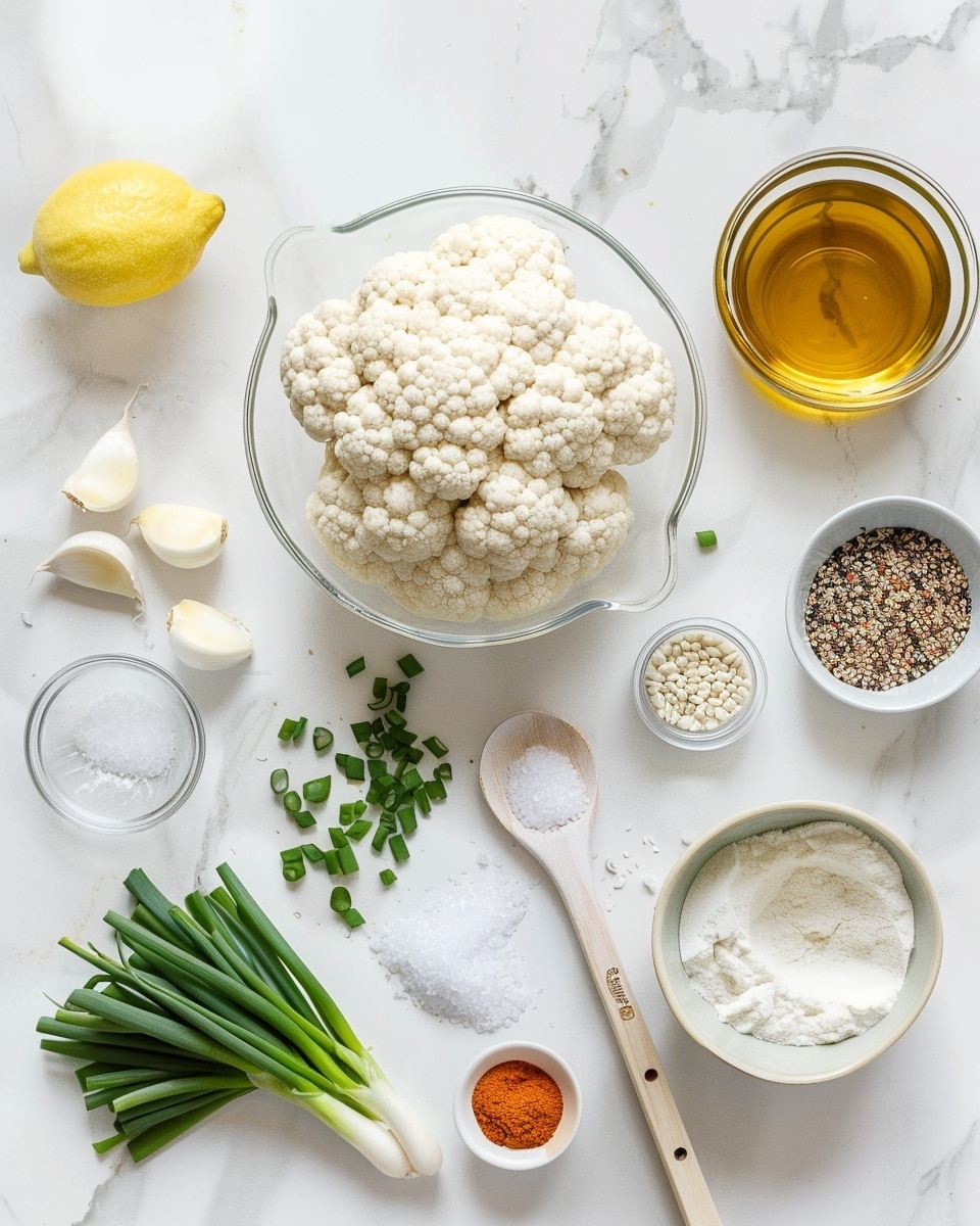 Single white plate holding a generous portion of crispy cauliflower florets glazed in a shiny golden sauce, close-up angled view highlighting the caramelized exterior and tender interior of each piece, dotted with freshly chopped green herbs for contrast, served on a white marble surface under natural lighting, styled as a ready-to-eat plated serving from a food blog, photo taken with an iphone --ar 4:5 --v 7