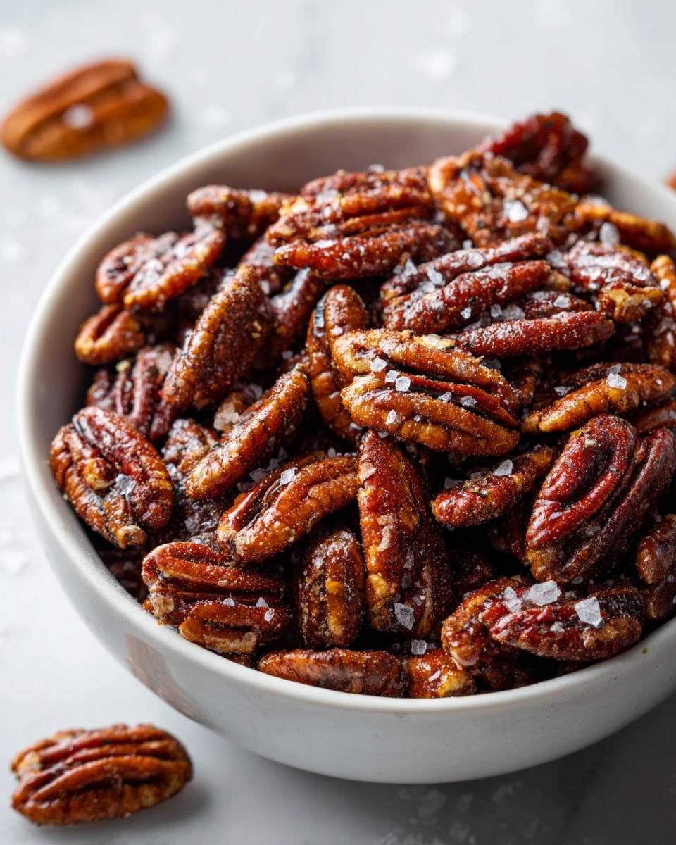 Large white ceramic bowl filled with a generous serving of glistening, spiced roasted pecans, evenly coated with cinnamon and a touch of sugar, sprinkled with flakes of sea salt to enhance the rich, toasted flavors, arranged beautifully to showcase their glossy, textured surfaces. The entire bowl sits prominently on a sleek white marble surface under natural lighting, capturing the warm brown hues and crisp details of the nuts in a professional, appetizing food magazine style hero shot, photo taken with an iphone --ar 4:5 --v 7
