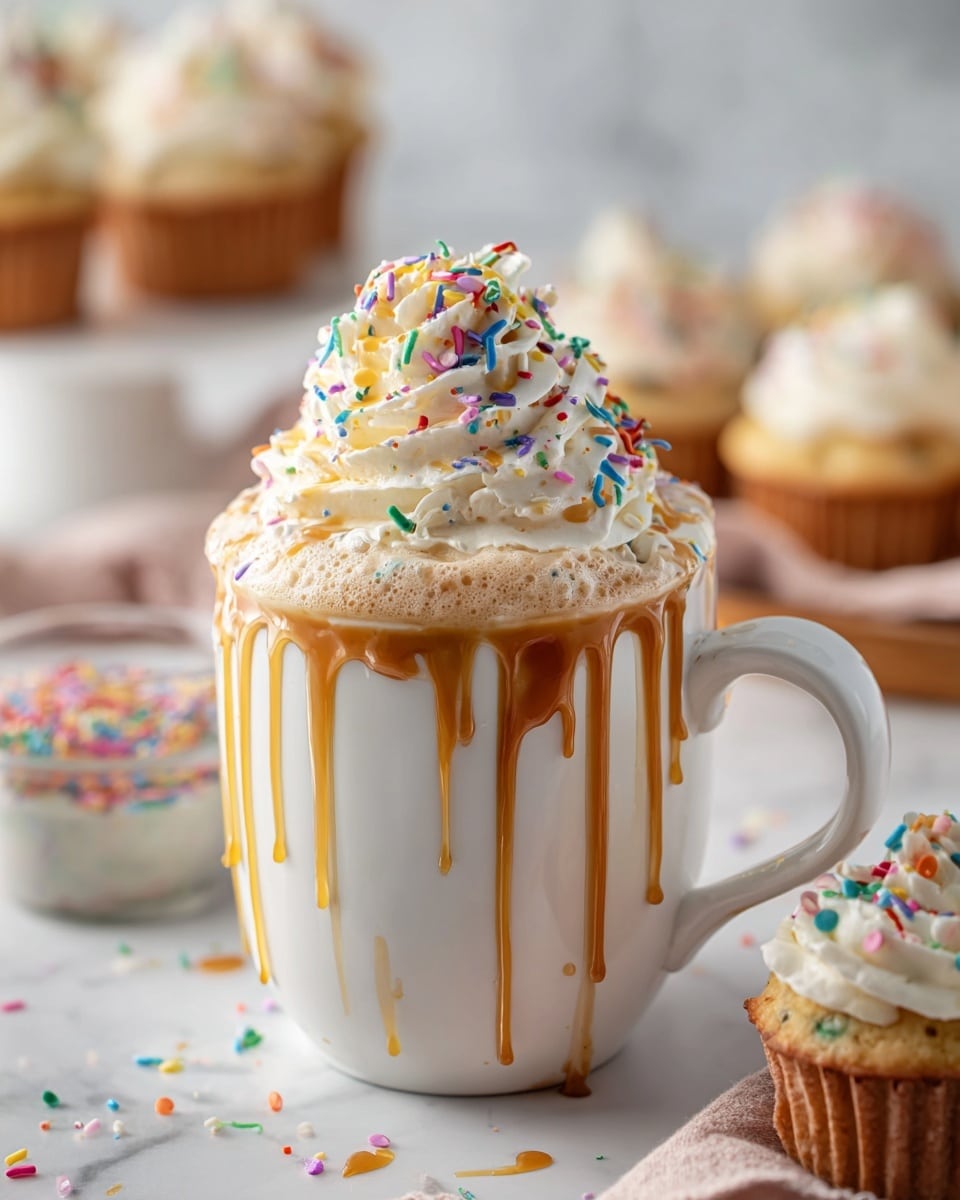 Large white ceramic mug filled with a rich, creamy caramel latte topped with a generous swirl of fluffy whipped cream, adorned with colorful candy sprinkles and a drizzle of golden caramel sauce cascading down the sides, set on a white marble surface with a blurred background featuring a full tray of freshly baked vanilla cupcakes with sprinkled tops, natural lighting highlighting the textures, professional food magazine style hero shot, photo taken with an iphone --ar 4:5 --v 7