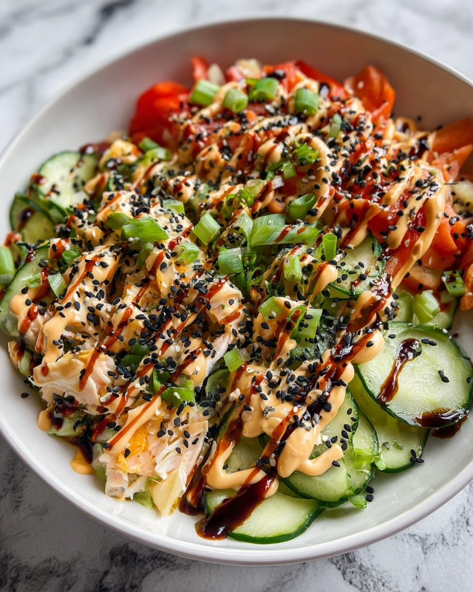 Large white rectangular serving dish filled with a vibrant sushi salad featuring thinly sliced cucumber rounds, chunks of imitation crab sticks, and julienned vegetables, topped generously with creamy spicy mayo and dark teriyaki glaze drizzles, garnished with black and white sesame seeds and fresh chopped green onions, accompanied by neatly fanned avocado slices on the side; whole dish captured in a professional 3/4 angle shot on white marble background with natural lighting, styled as a hero food magazine image, photo taken with an iphone --ar 4:5 --v 7