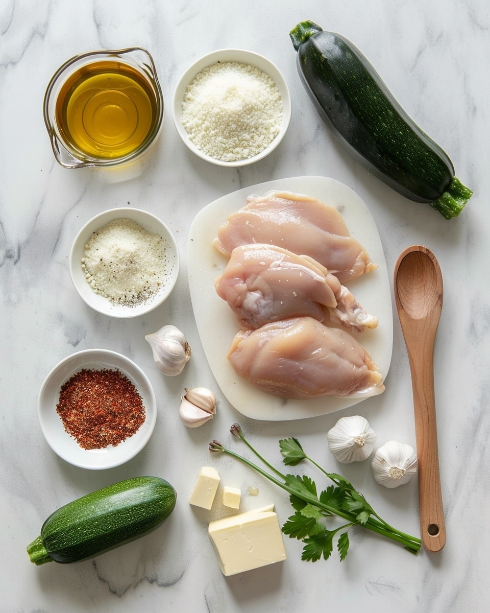 Single white bowl with a plated serving of tender grilled chicken slices arranged over a creamy zucchini noodle base, close-up angled shot highlighting the charred, golden brown exterior and juicy, white interior of the chicken, the zucchini noodles coated in a smooth, rich sauce with visible flecks of black pepper and red chili flakes, garnished with fresh chopped parsley, set on a white marble surface with natural lighting, intimate food blog style presentation photo taken with an iphone --ar 4:5 --v 7