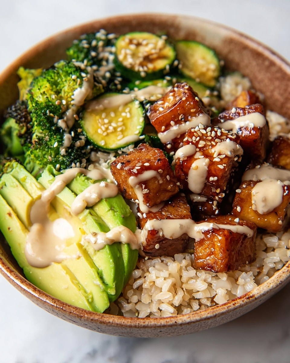 Large white serving bowl filled with an abundant teriyaki chicken rice bowl featuring glistening, saucy chicken chunks sprinkled with white sesame seeds, fluffy brown rice generously portioned, fresh vibrant broccoli florets, slices of creamy avocado, and crisp cucumber rounds, all arranged in a harmonious and colorful layout. Nearby is a ceramic bowl of silky orange spicy mayo sauce with a silver spoon, set on a white marble countertop with natural lighting, capturing a professional food magazine hero shot, photo taken with an iphone --ar 4:5 --v 7