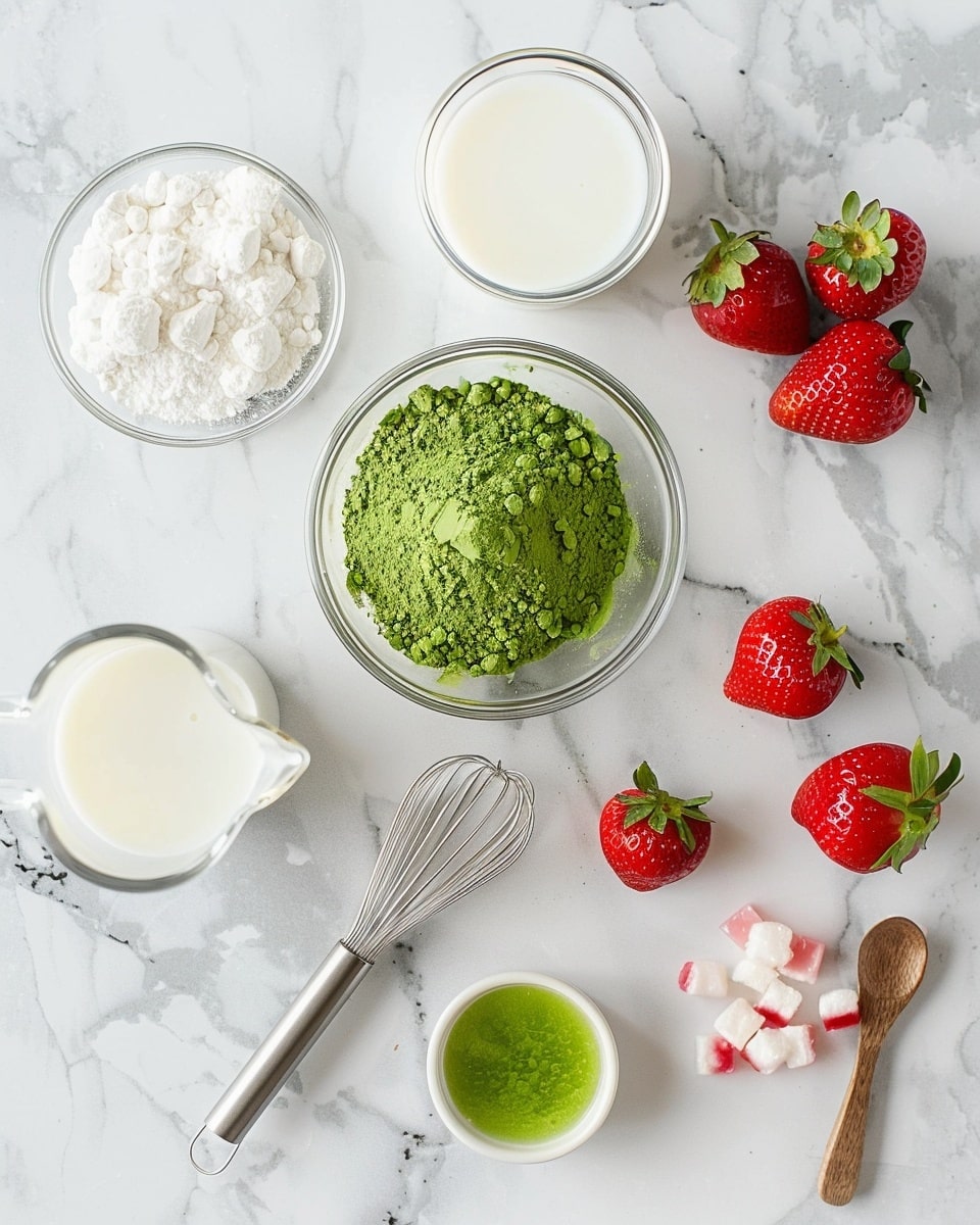 Single clear glass filled with a close-up serving of vibrant green matcha chia pudding, showing the texture of swollen chia seeds suspended in creamy matcha liquid, topped with diced fresh strawberries and translucent jelly cubes, a sleek gold spoon inserted inside, placed on a white plate over white marble surface, natural lighting highlighting the fresh fruit and pudding layers, styled like a food blog shot, intimate plated serving photo taken with an iphone --ar 4:5 --v 7