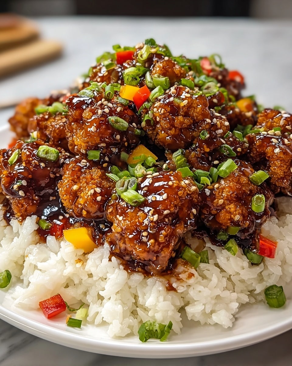 Large white serving platter piled high with crispy cauliflower florets thoroughly coated in a glossy, rich, sticky sauce, generously garnished with finely chopped green onions, red bell peppers, and yellow bell peppers, all resting on a bed of fluffy white rice, whole dish beautifully arranged and photographed from a 3/4 angle on a white marble countertop with natural lighting, professional food magazine hero shot photo taken with an iphone --ar 4:5 --v 7