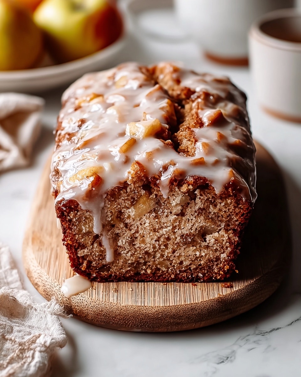 Whole loaf of spiced apple cinnamon bread presented on a rectangular wooden board, topped generously with a textured walnut and cinnamon crumble and a glossy drizzle of sweet glaze that glistens under natural light, surrounded by fresh apples and a rustic white patterned cloth on a white marble countertop, photographed from a 3/4 angle in a professional food styling hero shot, photo taken with an iphone --ar 4:5 --v 7