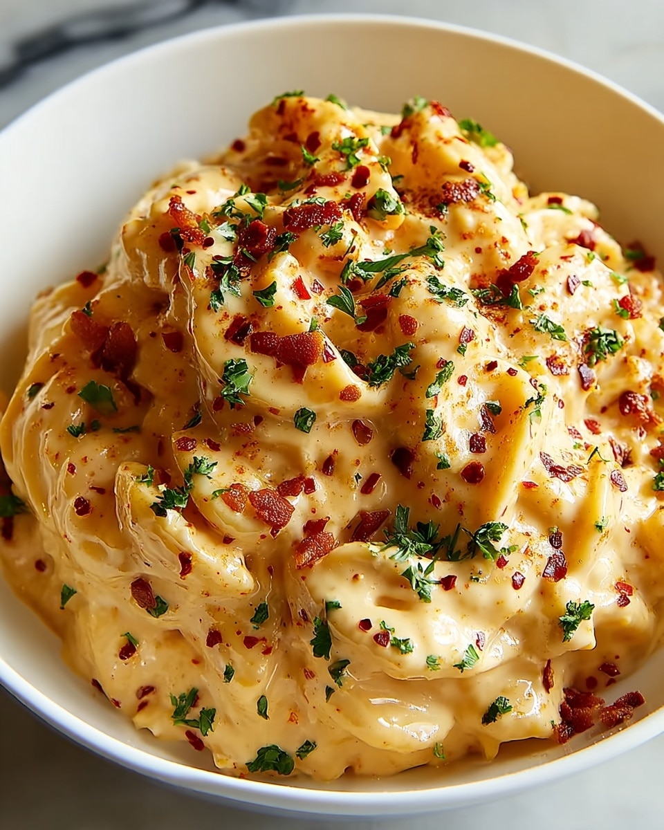 Large white bowl filled with creamy, rich mac and cheese coated generously in a smooth cheese sauce with visible bits of crispy bacon sprinkled throughout, topped with red chili flakes and finely chopped fresh parsley, showcasing the entire hearty dish from a 3/4 angle on a white marble countertop with natural light, professional food magazine hero shot photo taken with an iphone --ar 4:5 --v 7