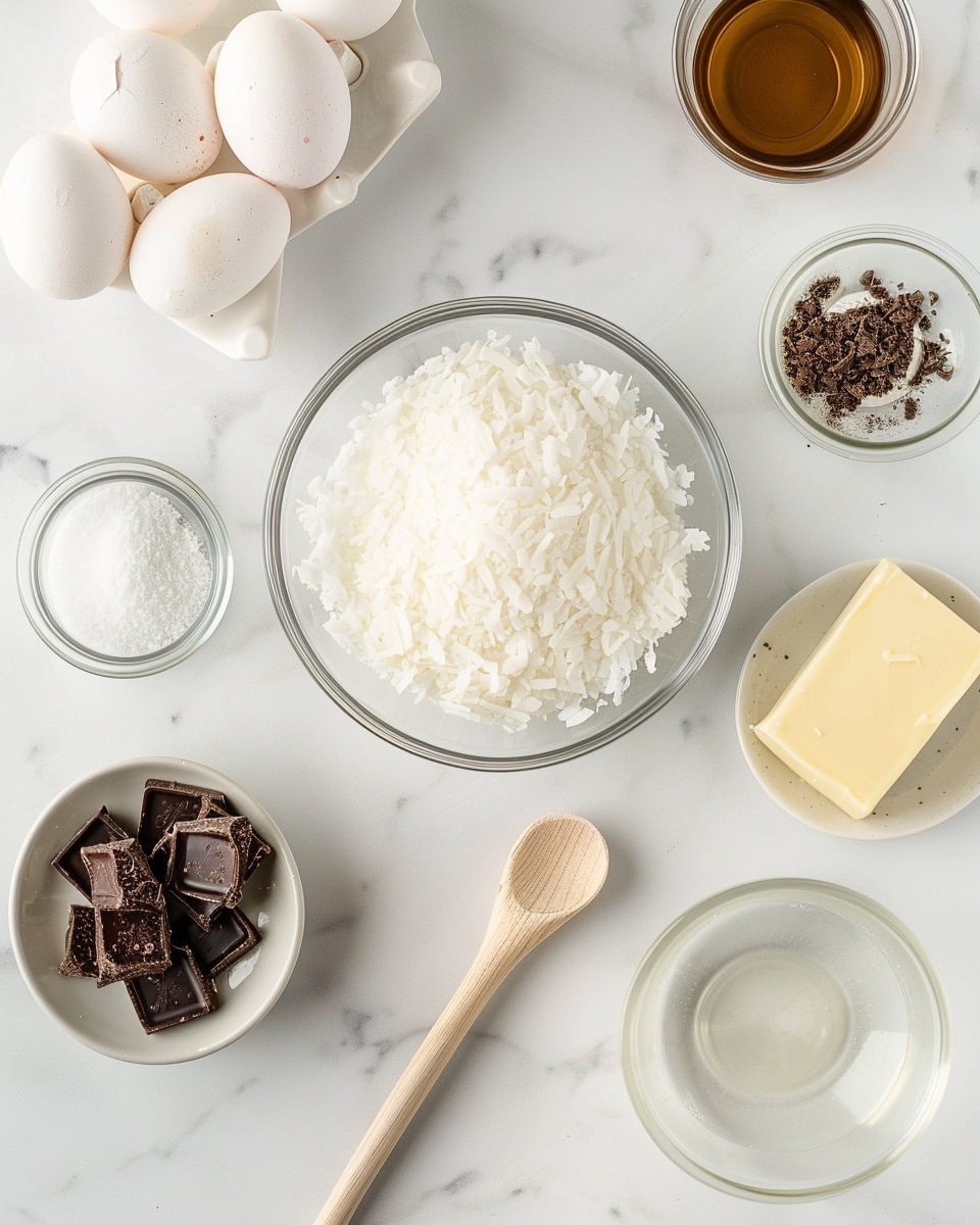 Single white plate holding one delicately crafted coconut nest dessert, showing detailed layers of toasted coconut flakes forming a crisp, golden-brown ring filled with pastel-colored chocolate eggs in yellow, pale blue, and milk chocolate hues, close-up angle emphasizing the crunchy texture and rich color contrast, natural lighting highlighting the glossy chocolate eggs, all resting on a white marble surface with soft shadows, styled as a ready-to-eat dessert portion from a food blog, photo taken with an iphone --ar 4:5 --v 7