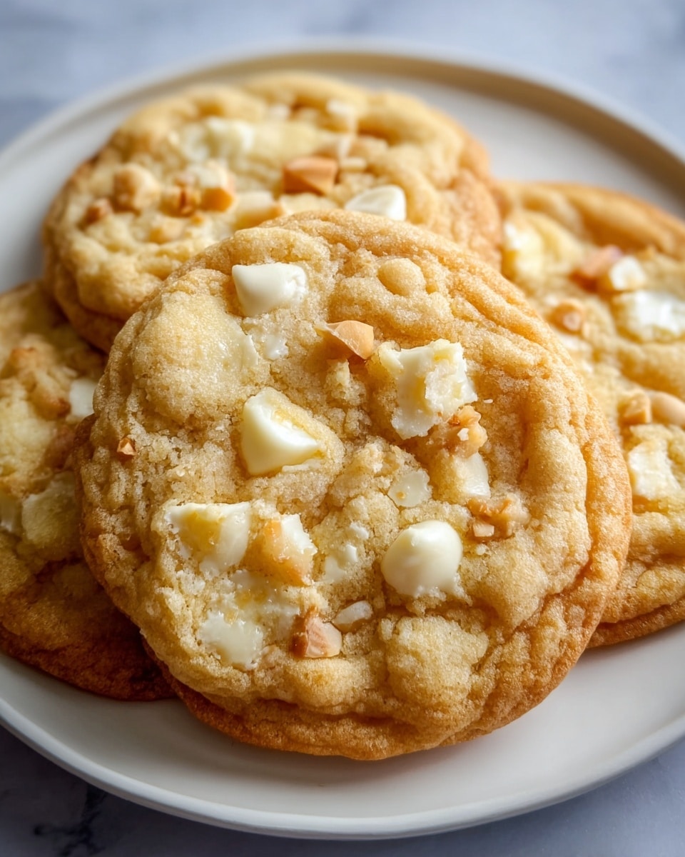 Large white plate filled with a generous batch of freshly baked white chocolate macadamia nut cookies, each cookie golden brown with slightly crisp edges and soft centers, topped with visible chunks of creamy white chocolate and crunchy macadamia nuts, arranged in an inviting pile to showcase the entire full portion, photographed from a 3/4 angle on a white marble countertop with natural lighting, styled as a professional food magazine hero shot, photo taken with an iphone --ar 4:5 --v 7