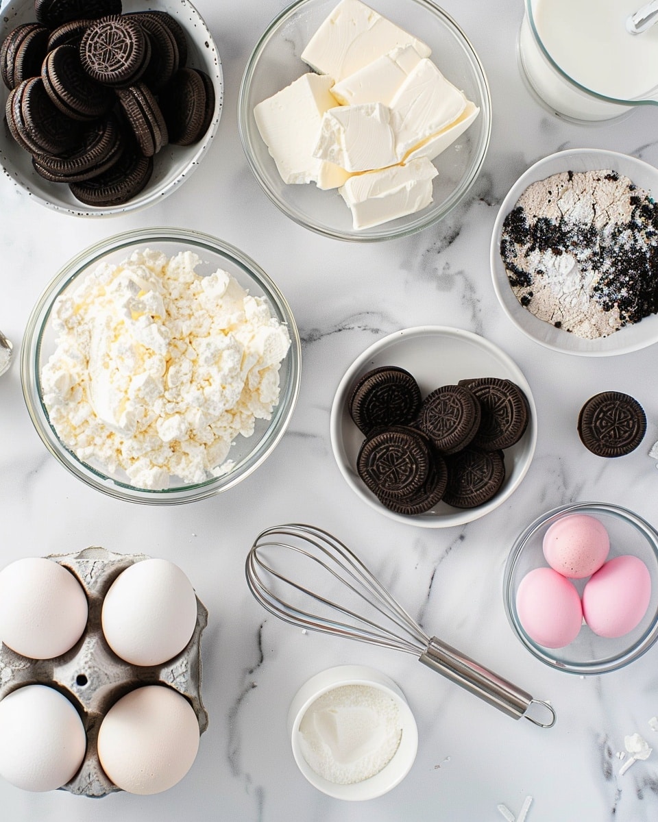 Single white dessert plate featuring one generous slice of layered candy and cream trifle, showcasing distinct layers of crushed chocolate cookie crumbs, fluffy white cream, and colorful candy-coated chocolate eggs embedded throughout, topped with mini sandwich cookies and speckled candy eggs, close-up angled view highlighting the rich textures and vibrant colors, placed on white marble surface with natural lighting, styled like a food blog individual serving photo taken with an iphone --ar 4:5 --v 7