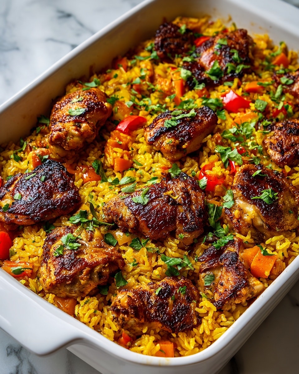 Large white rectangular baking dish filled with golden yellow baked rice mixed with tender chunks of carrots and diced bell peppers, topped generously with perfectly caramelized, browned chicken pieces evenly distributed across the surface, garnished with fresh green herbs, whole dish captured from a 3/4 angle on a white marble countertop with natural lighting, styled like a hero food magazine shot, photo taken with an iphone --ar 4:5 --v 7