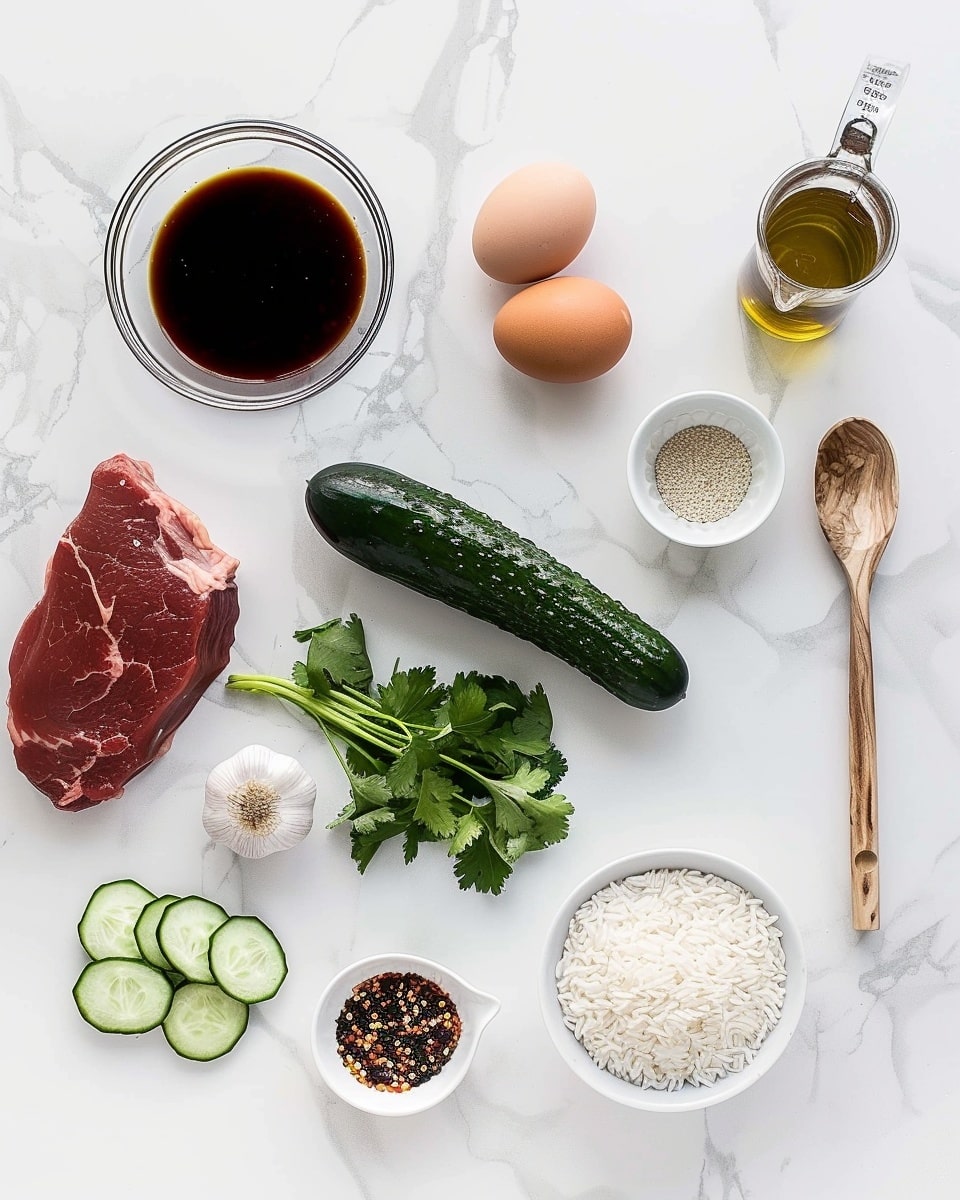 Single white plate presenting one portion of grilled steak sliced to reveal the juicy pink interior, resting on a bed of fluffy white rice, accompanied by fresh cucumber slices sprinkled with sesame seeds and chopped cilantro, small white ramekin filled with chili sauce on the side, close-up angled shot emphasizing the char marks and texture of the steak and layers of rice underneath, natural lighting, placed on white marble surface, intimate plated serving photo taken with an iphone --ar 4:5 --v 7