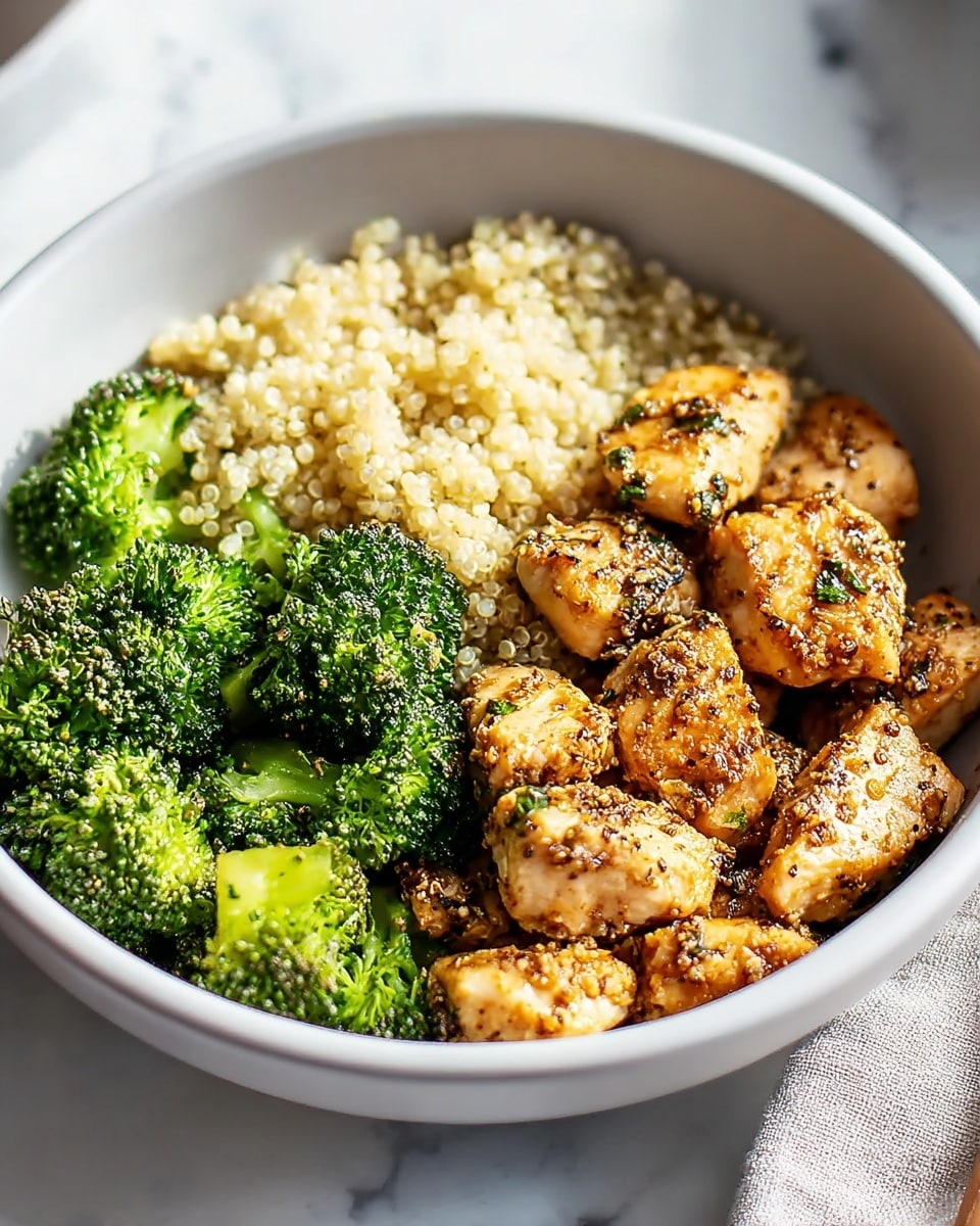 Large white serving bowl filled with perfectly cooked golden sautéed chicken chunks, bright green steamed broccoli florets, and fluffy, light quinoa grains, all arranged harmoniously to showcase the wholesome meal, the entire bowl presented unshared and full, photographed from a 3/4 angle on a white marble countertop with natural lighting, styled as a professional food magazine hero shot, photo taken with an iphone --ar 4:5 --v 7