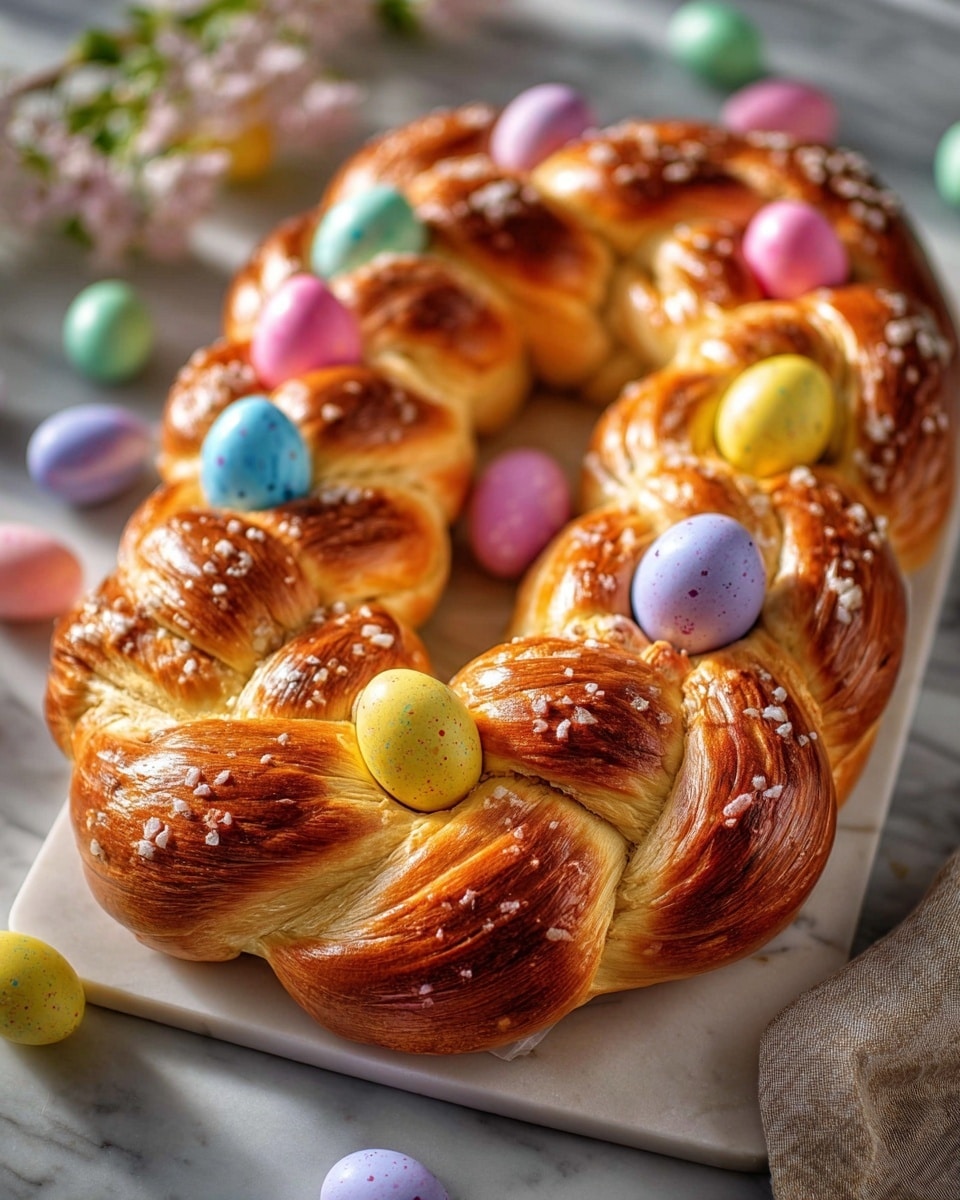 Long twisted golden-brown Easter bread wreath displayed whole on a white rectangular platter, beautifully braided with a shiny, perfectly baked crust sprinkled with coarse sugar crystals, each section nestling brightly colored pastel Easter eggs in shades of pink, blue, purple, yellow, and orange, styled on a white marble countertop with natural lighting highlighting the soft texture and delicate layers, shot at a 3/4 angle resembling a high-end food magazine hero image, photo taken with an iphone --ar 4:5 --v 7