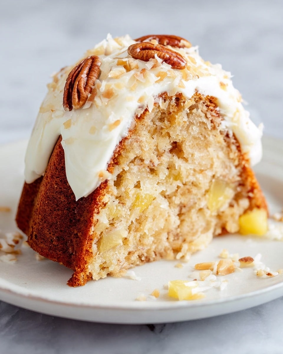 Whole bundt cake displayed on a clear glass cake stand, richly coated with smooth creamy white frosting generously topped with scattered pecan halves for a textured contrast, the cake has a warm, moist appearance with a light golden brown crust, shot from a 3/4 angle capturing the entire untouched cake, set against a pristine white marble background with natural lighting highlighting the textures and colors, professional food magazine style photo taken with an iphone --ar 4:5 --v 7