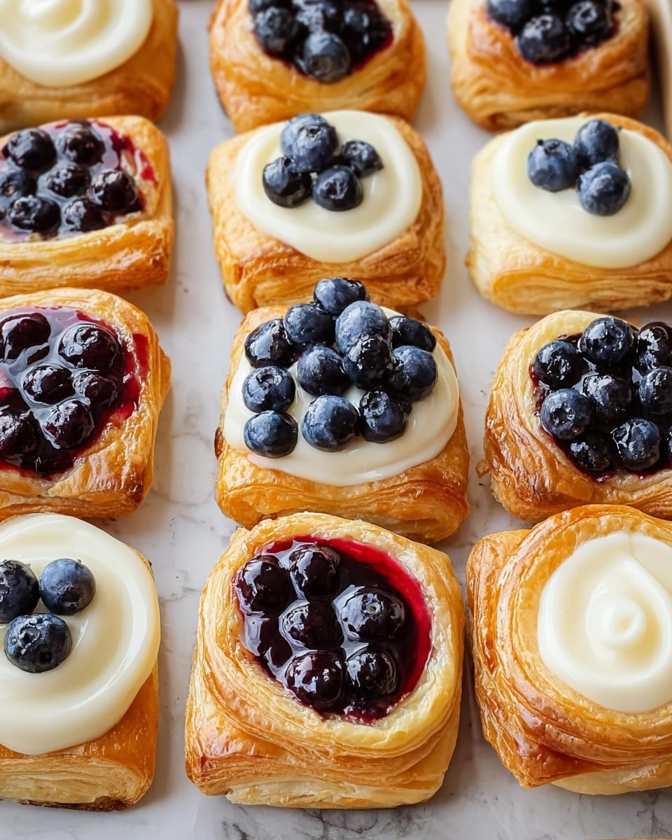 Large white baking sheet filled with an assortment of individual golden-brown puff pastry Danish pastries, some topped generously with glossy blueberry glaze and fresh blueberries, others adorned with smooth cream cheese icing and plump blueberries, each pastry flaky and perfectly puffed, arranged neatly to show the entire batch, photographed at a 3/4 angle on a white marble surface with natural lighting, professional food styling photo taken with an iphone --ar 4:5 --v 7