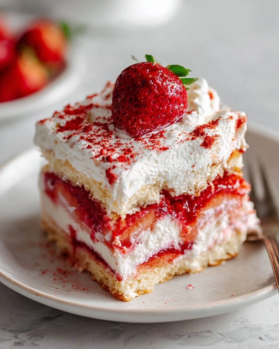 Large white rectangular glass baking dish filled with an uncut layered strawberry dessert featuring rows of piped whipped cream peaks generously dusted with vibrant red strawberry powder, showcasing alternating layers of fresh strawberry compote and creamy white filling visible through the transparent sides, placed on a white marble countertop with natural lighting and a softly blurred rustic cloth and strawberries in the background, professional food styling, photo taken with an iphone --ar 4:5 --v 7
