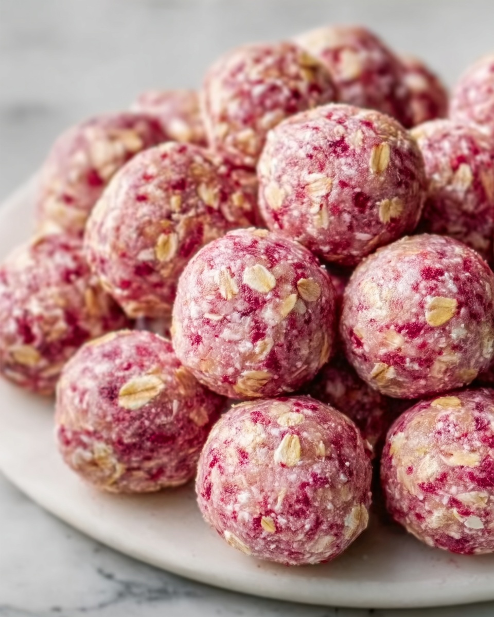 A white serving plate heaped with multiple uniform pink and cream energy bites, each coated evenly in rolled oats for a textured finish, arranged closely together to show the full quantity, photographed from a 3/4 angle on a pristine white marble background with natural lighting, capturing a clean and appetizing hero shot like a professional food magazine feature, photo taken with an iphone --ar 4:5 --v 7