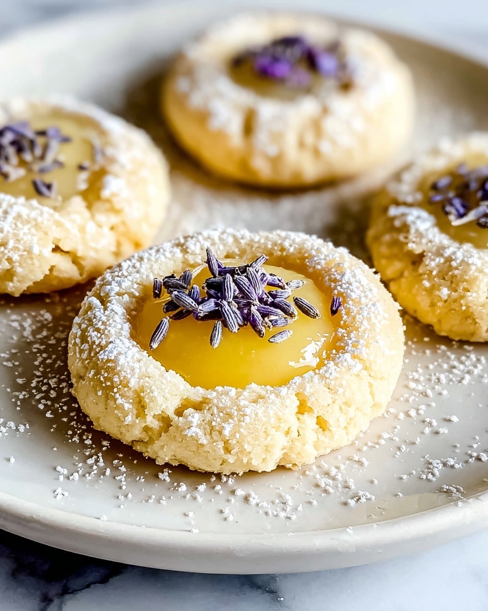 White round plate filled with a full batch of golden lavender shortbread thumbprint cookies, each perfectly shaped with a glossy honey or lemon curd filling in the center, sprinkled with delicate dried lavender buds and a light dusting of coarse sugar crystals, arranged neatly to showcase all seven cookies on a white marble surface, natural soft lighting enhancing the textures, professional food magazine hero shot taken with an iphone --ar 4:5 --v 7